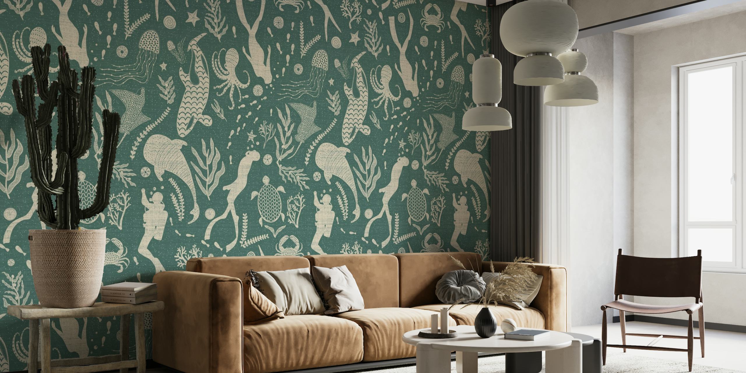Scuba Toile Teal Wall Mural with Ocean Life Patterns