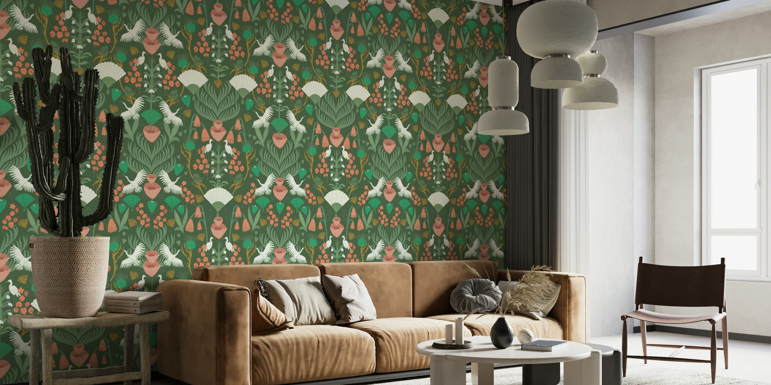 botanical-inspired wall mural with birds and flowers on a dark green background