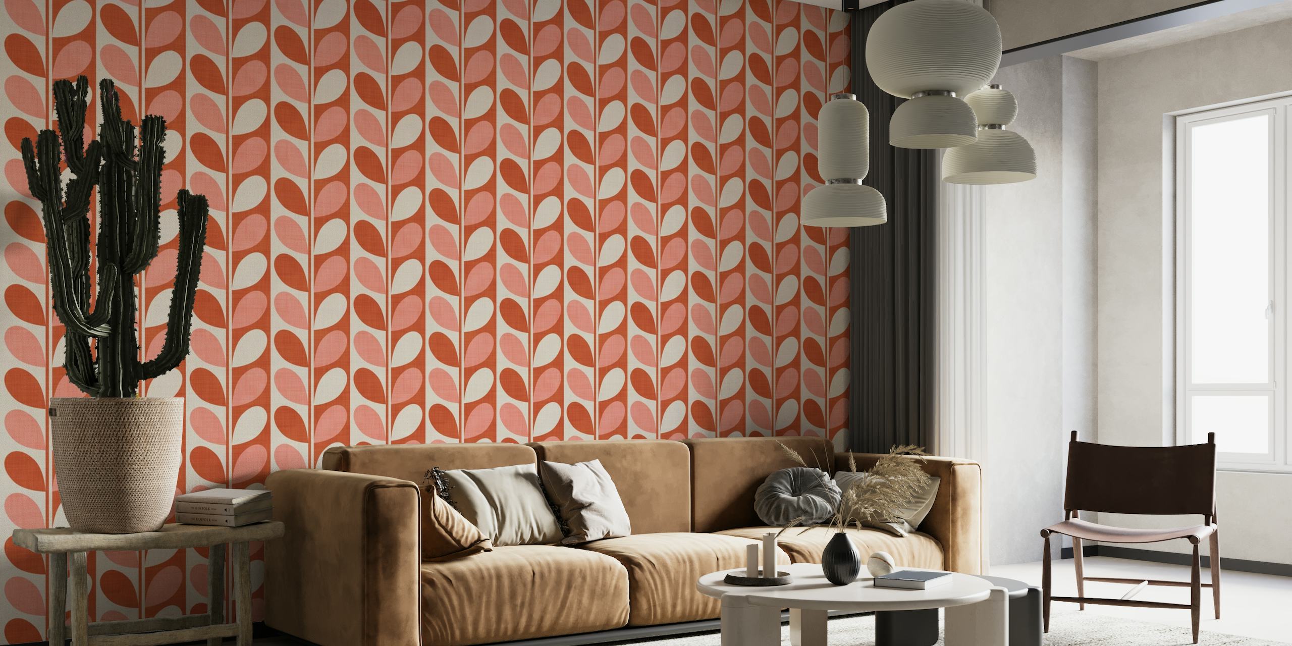 Midcentury modern style abstract leaves wall mural in terracotta and cream colors