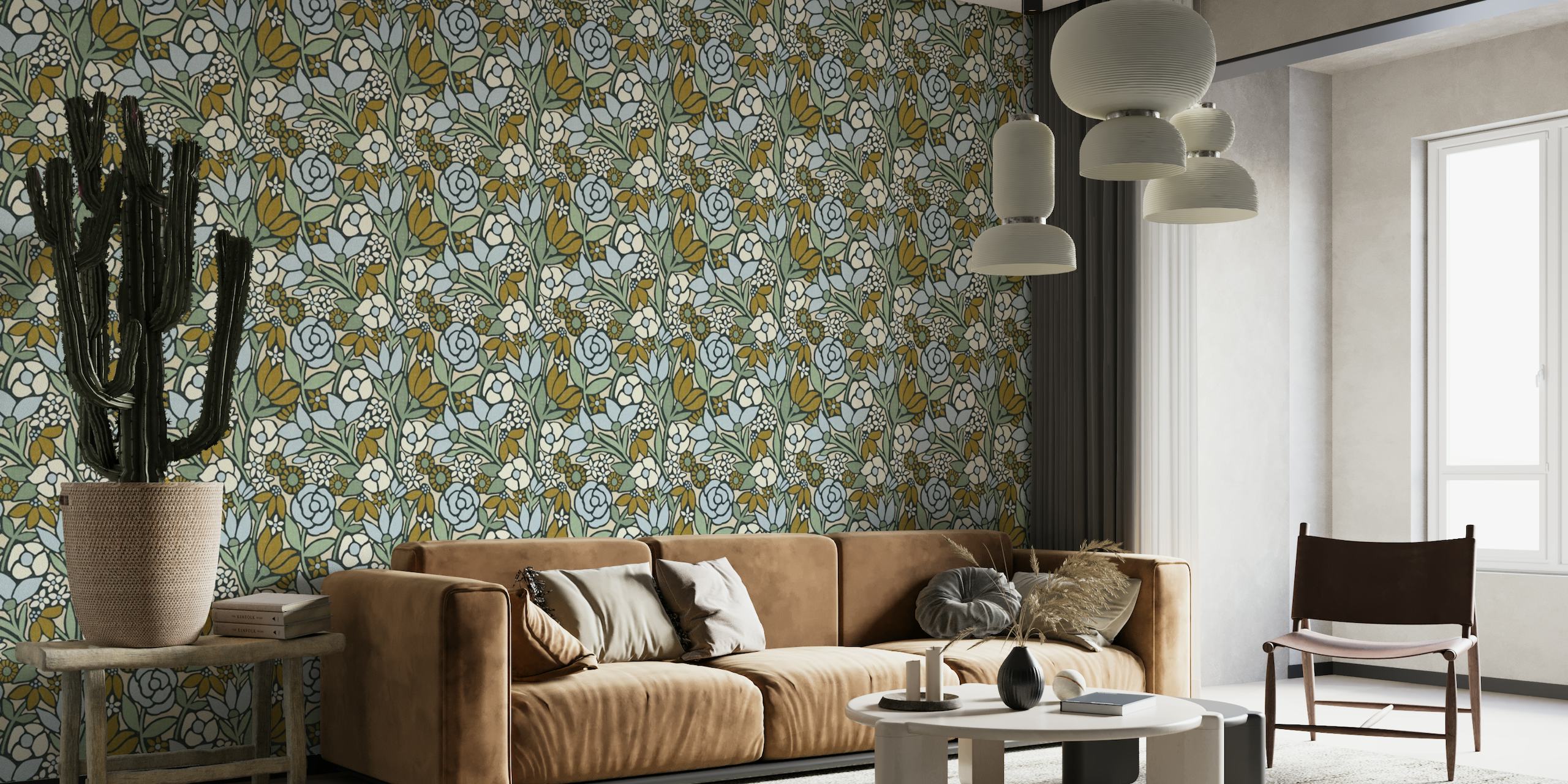 Elegant gold and blue floral wall mural design ‘Romilly’