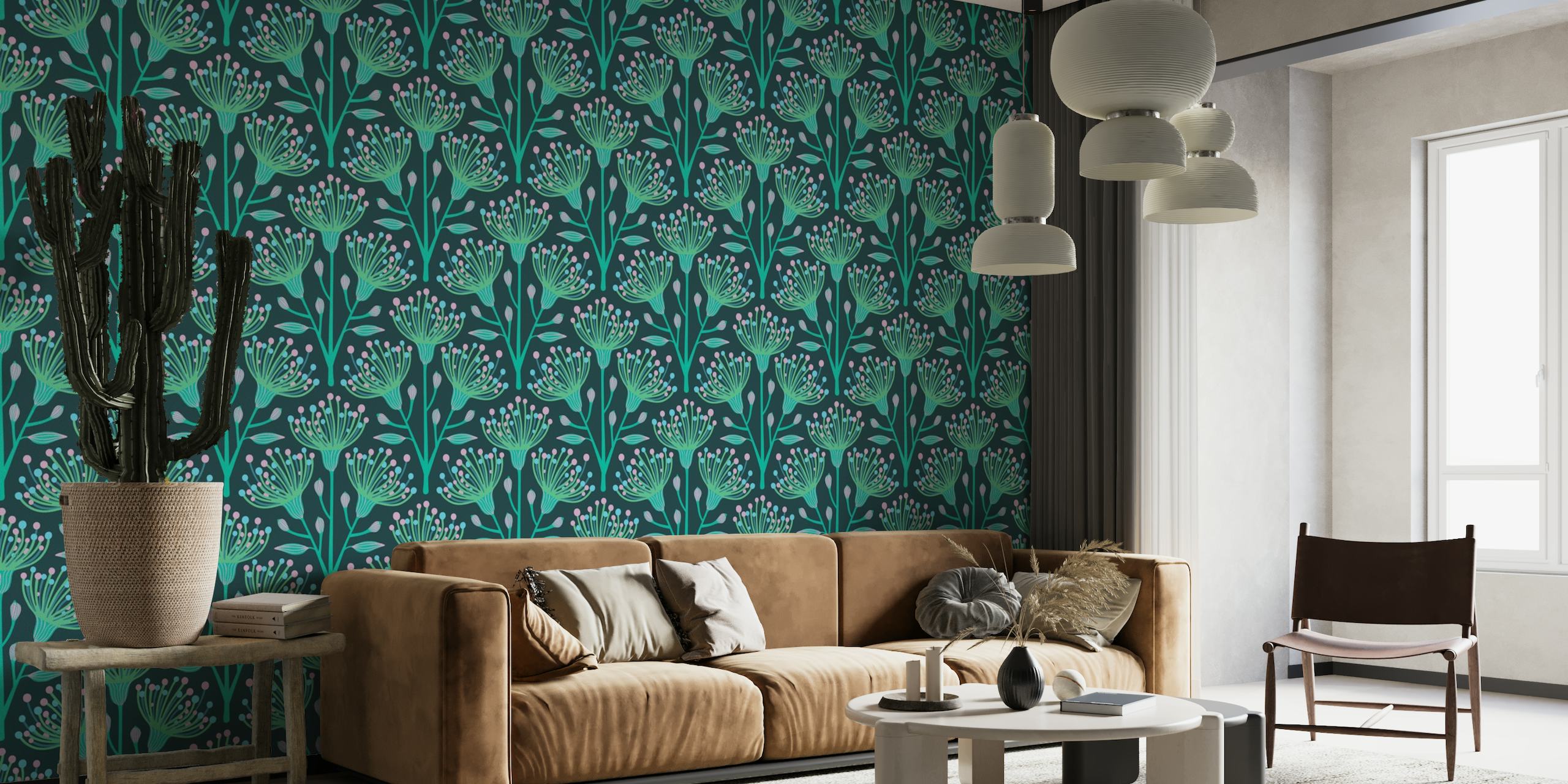 EUCALYPTUS Floral Botanical wall mural in aqua and turquoise colors displaying serene eucalyptus patterns.