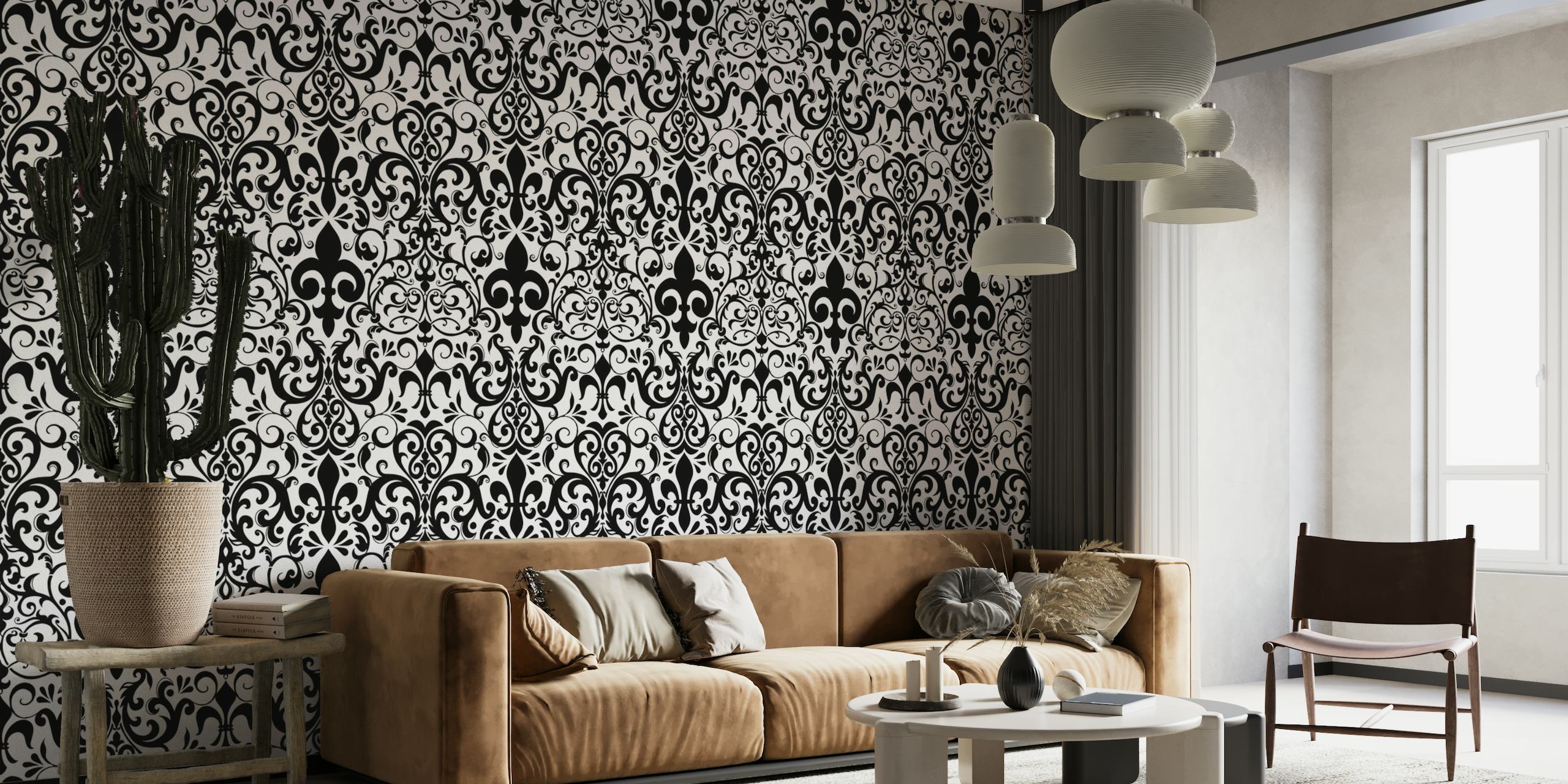 Fleur de Lis Damask French Linen Black White wallpaper