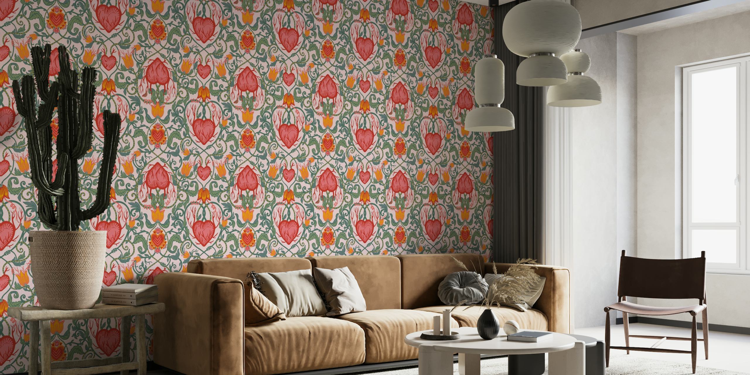 Mural de parede em estilo vitoriano com corações do dia dos namorados e padrões florais