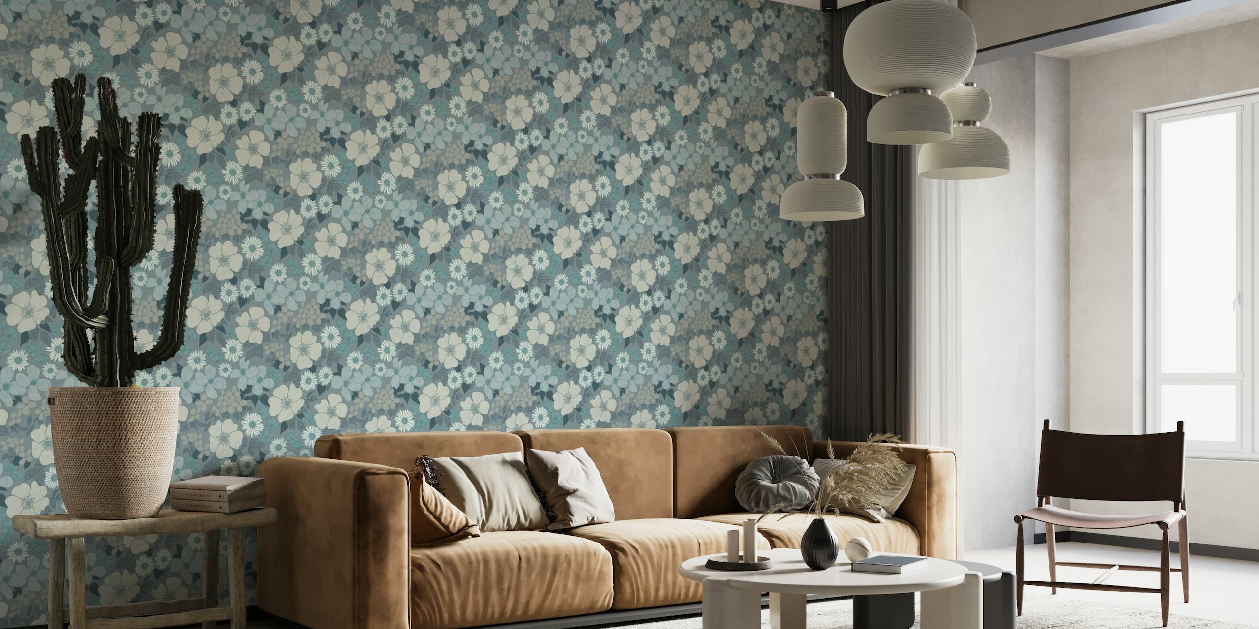 Retro florals - slate wallpaper
