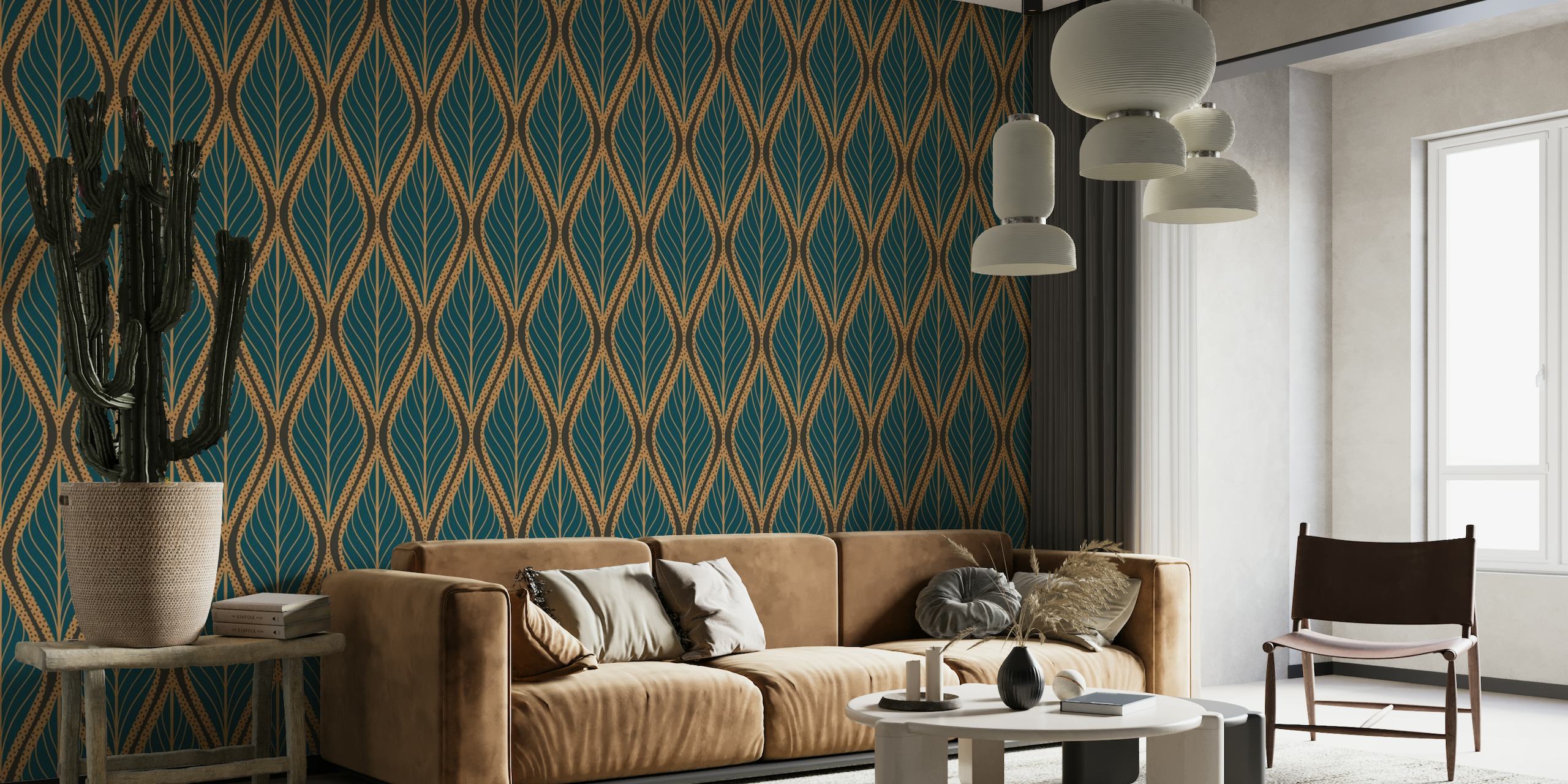 Abstract Art Deco Leaves Teal patterned wall mural