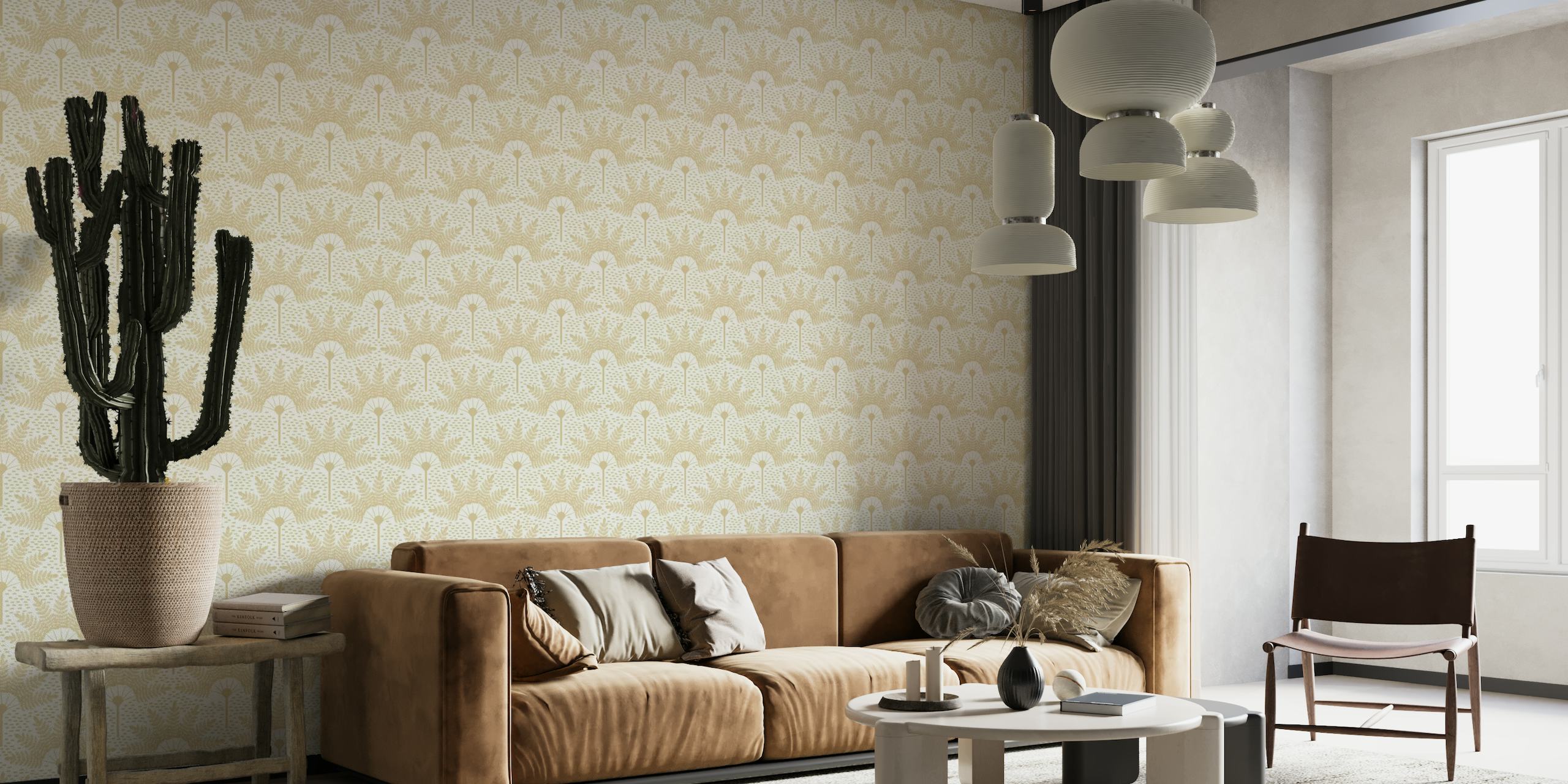 Fotomural vinílico de parede bege com padrão de palmeira e design moderno e minimalista