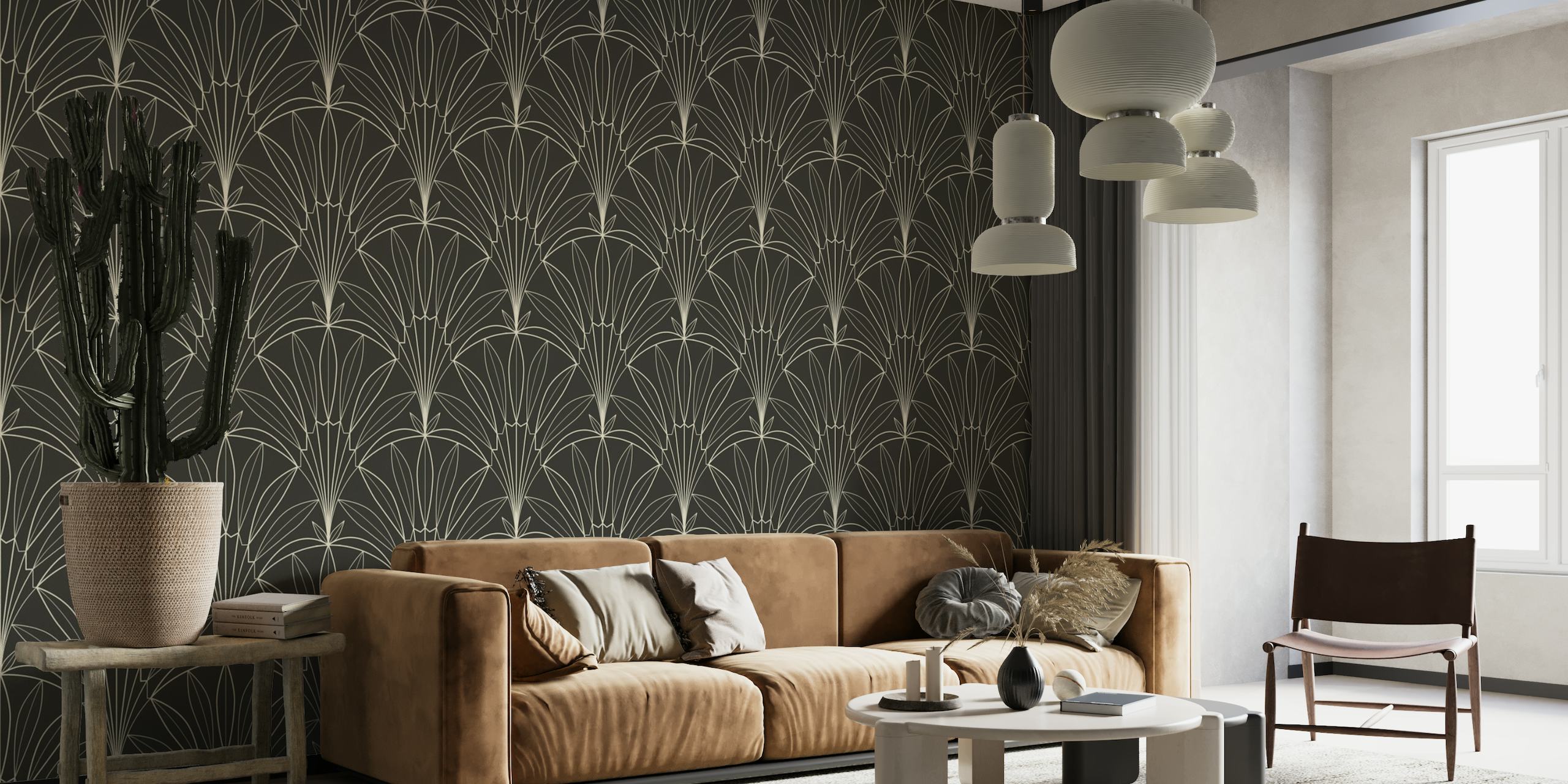 Contorne o padrão de leque de folhas de palmeira Art Déco no mural de parede preto