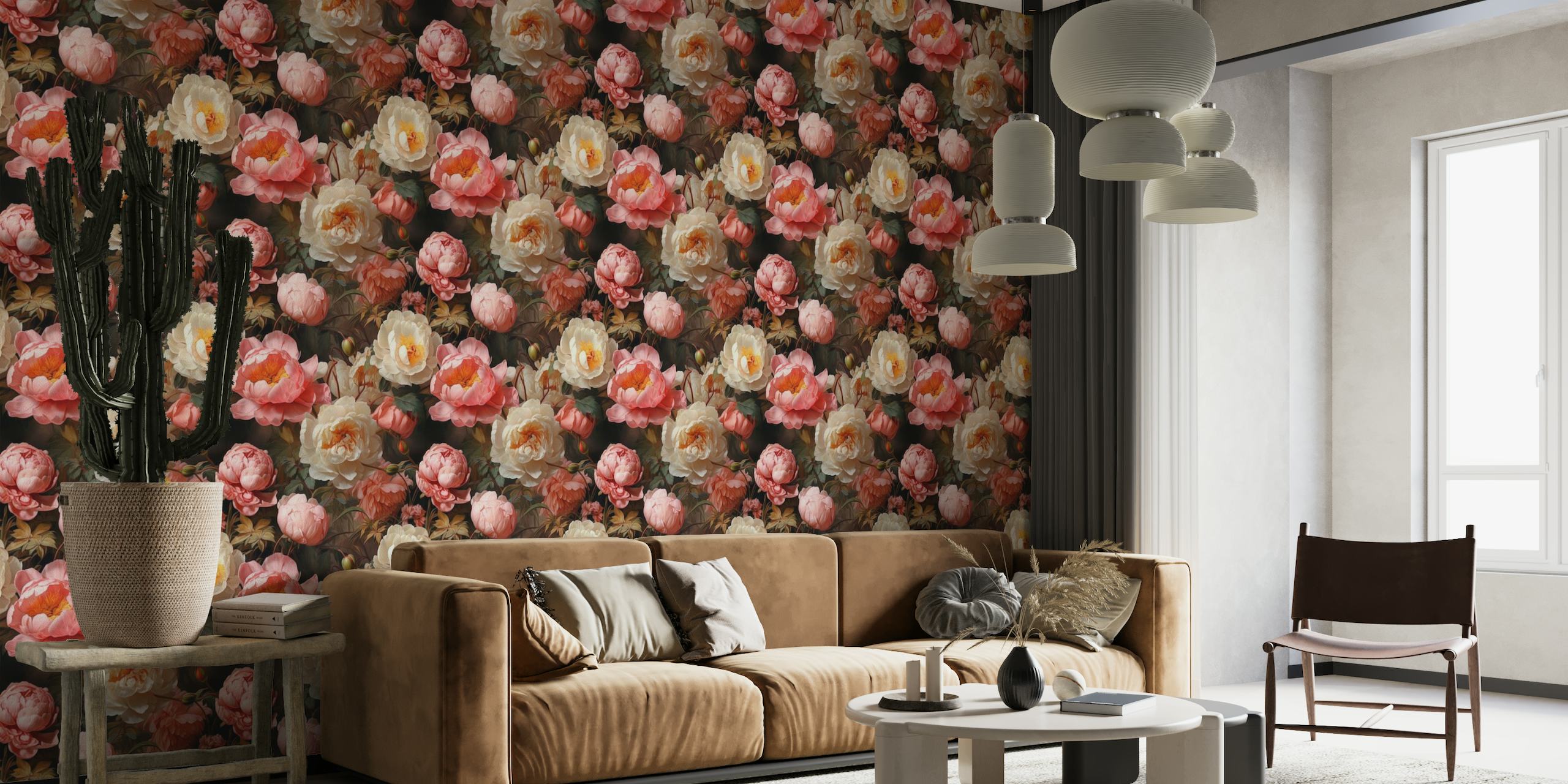Weelderige roze en ivoorkleurige pioenrozen op een donkere achtergrondmuurschildering