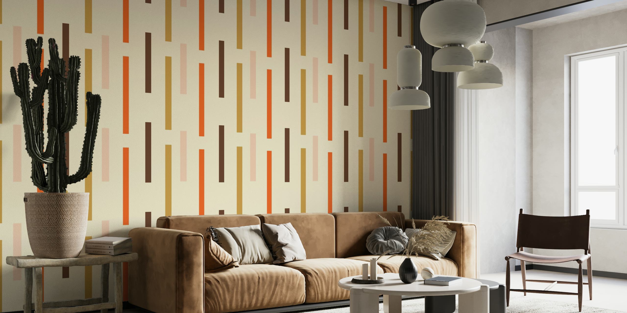 Mindfulness Stripes Beige wall mural featuring vertical stripes in beige, pink, and earth tones