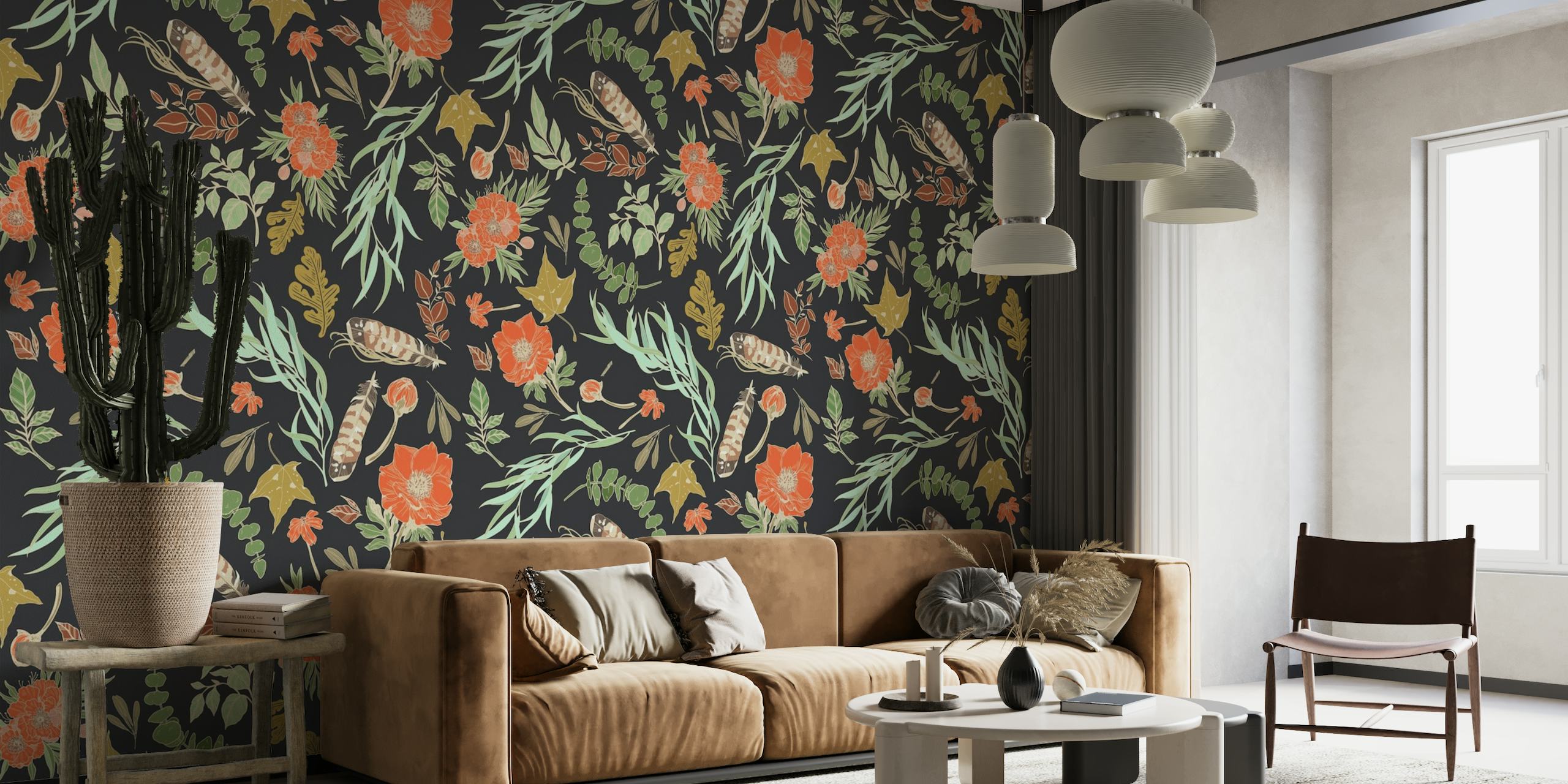Bohemian-inspired wall mural with vibrant floral and fauna patterns on a dark background
