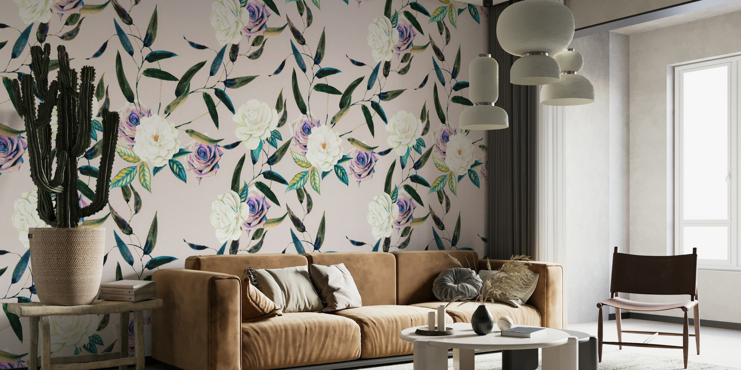 Elegantes Wandbild mit blühenden Blumen in Pastelltönen und üppigem Blumenmuster
