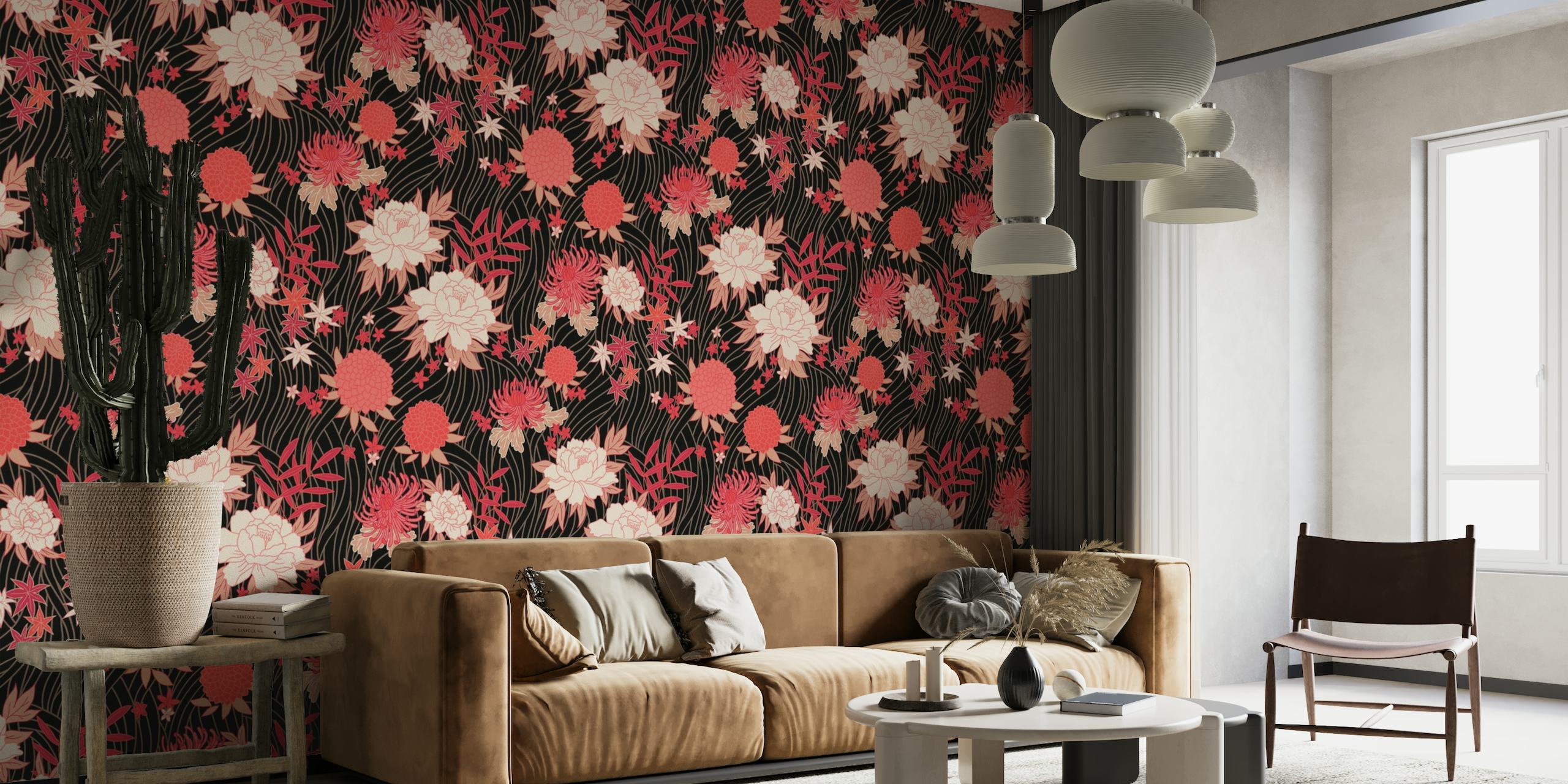 Asian blooms - black & red wallpaper