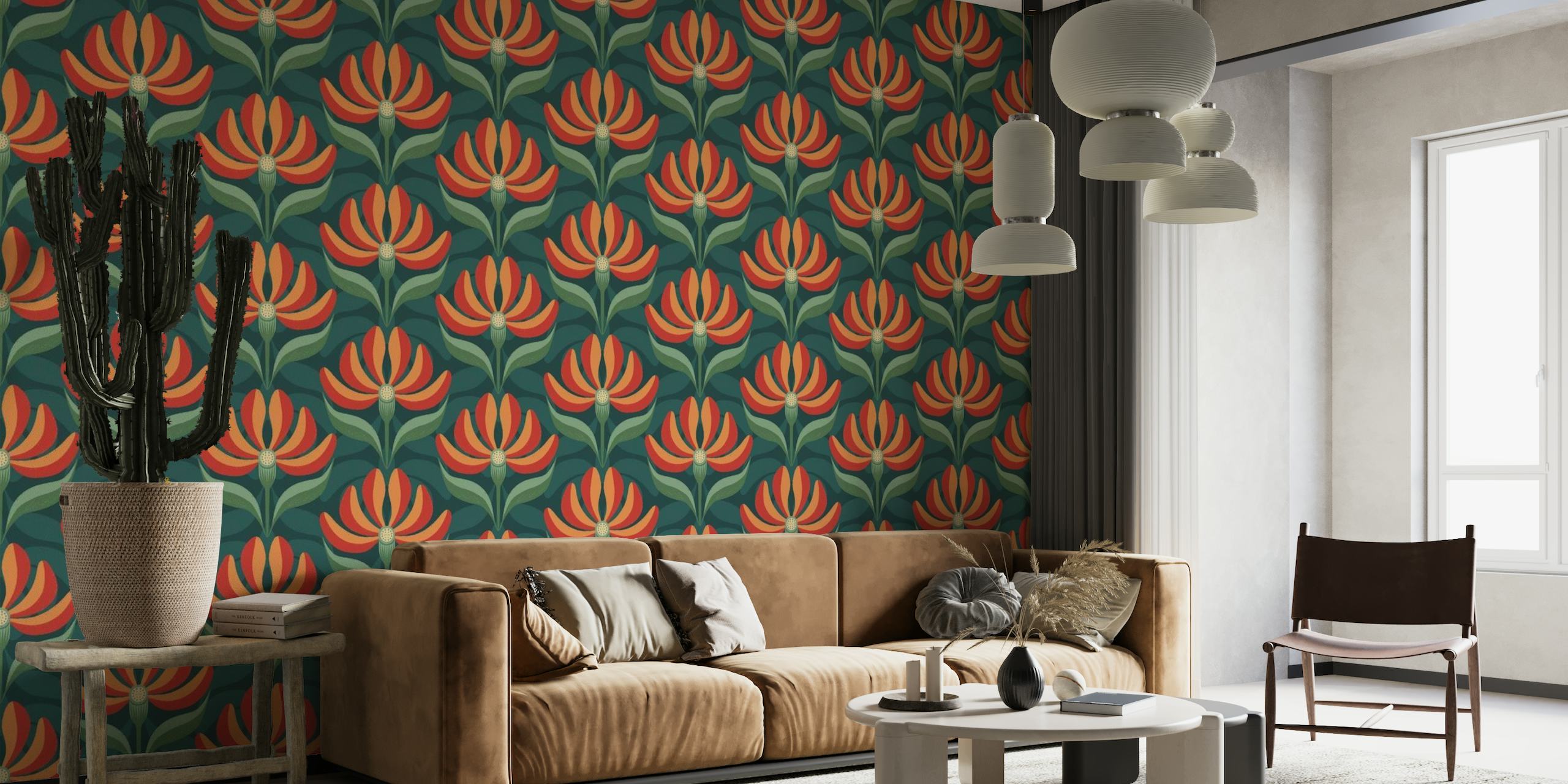 retro-style geometric floral pattern wall mural in teal, green, red, and orange