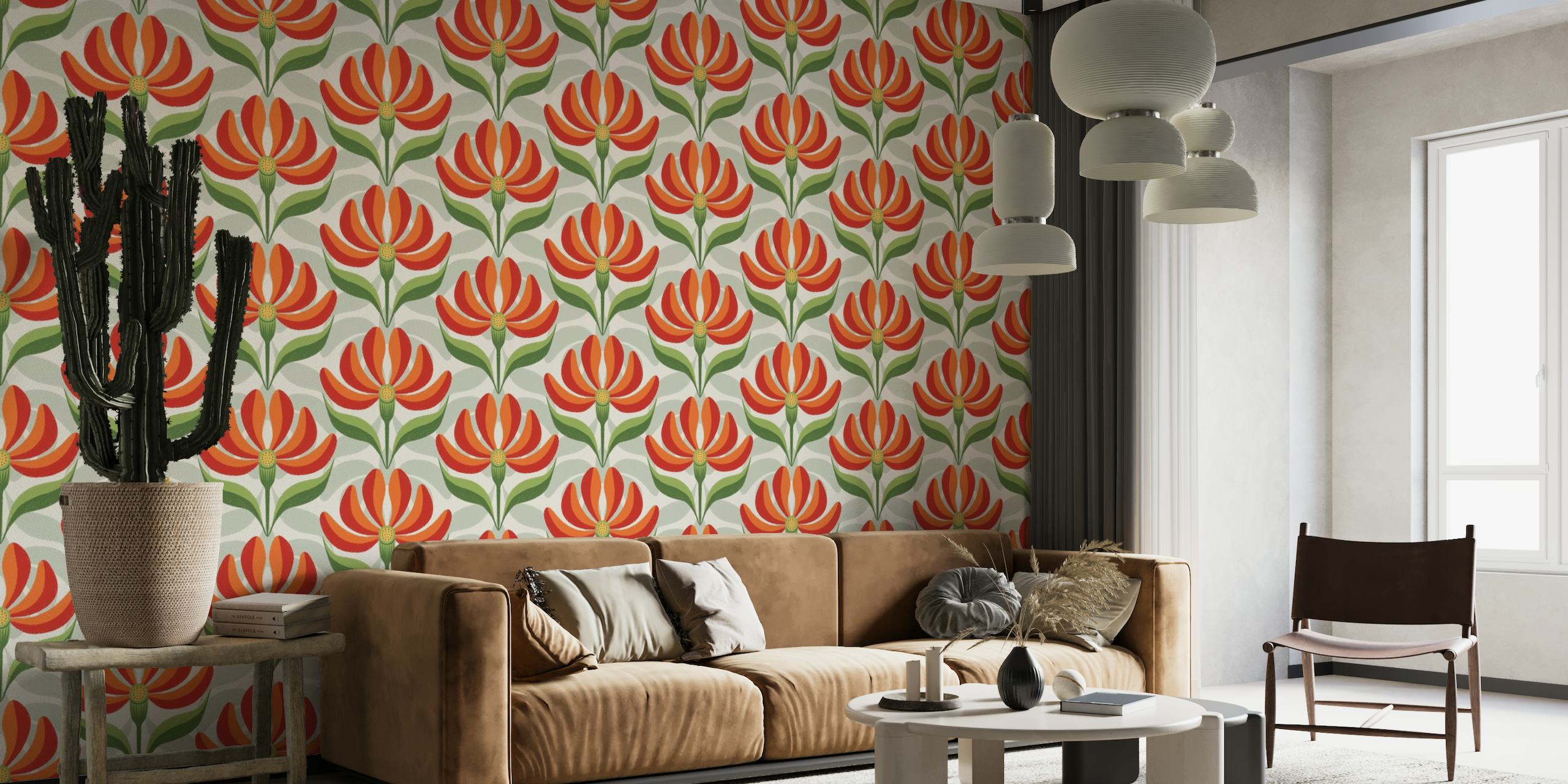 Bright Bold Retro Floral Red Green Ivory wallpaper