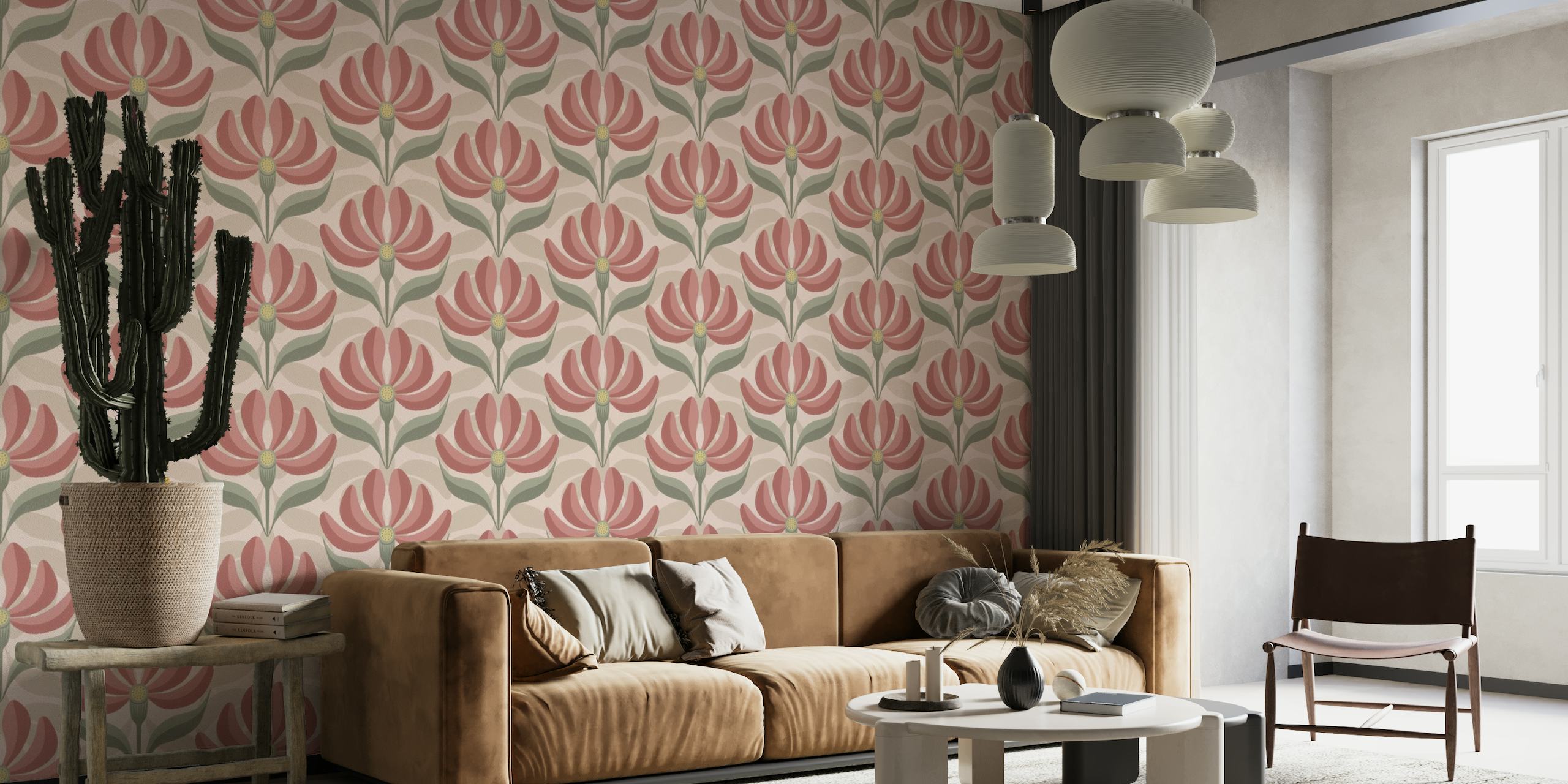 Retro Geometric Floral Rose Pink Cream wallpaper