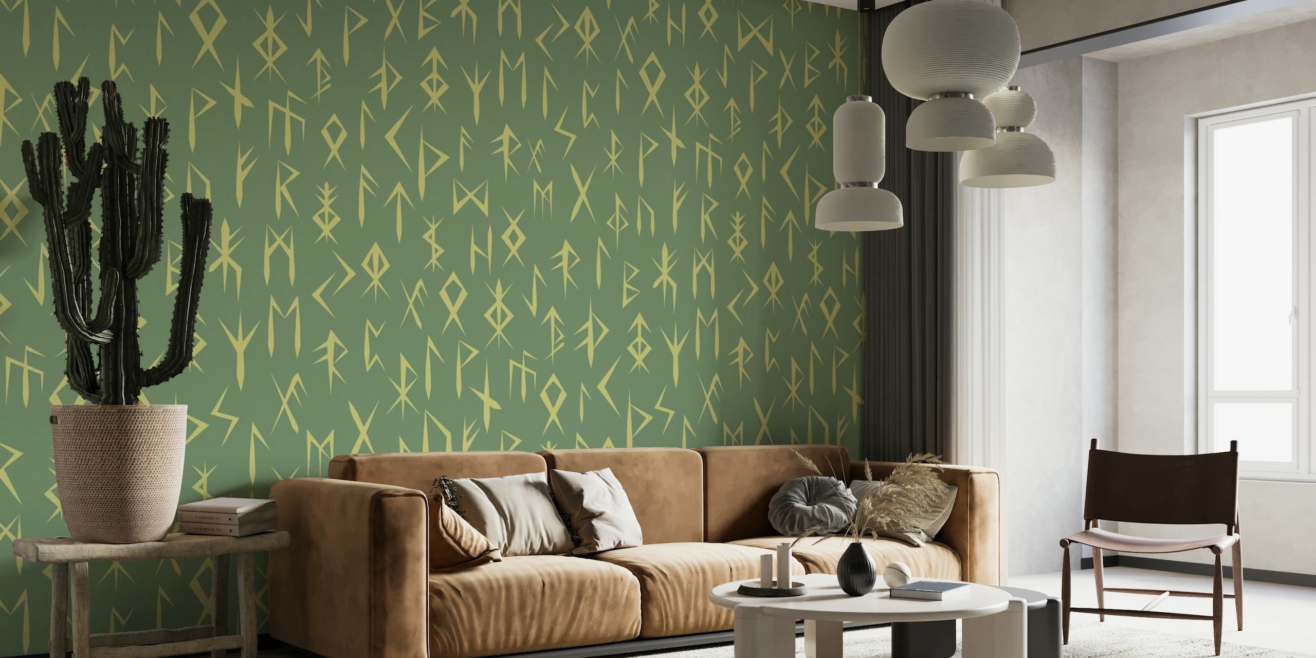 Nordic Runes wall mural with green background and yellow rune patterns