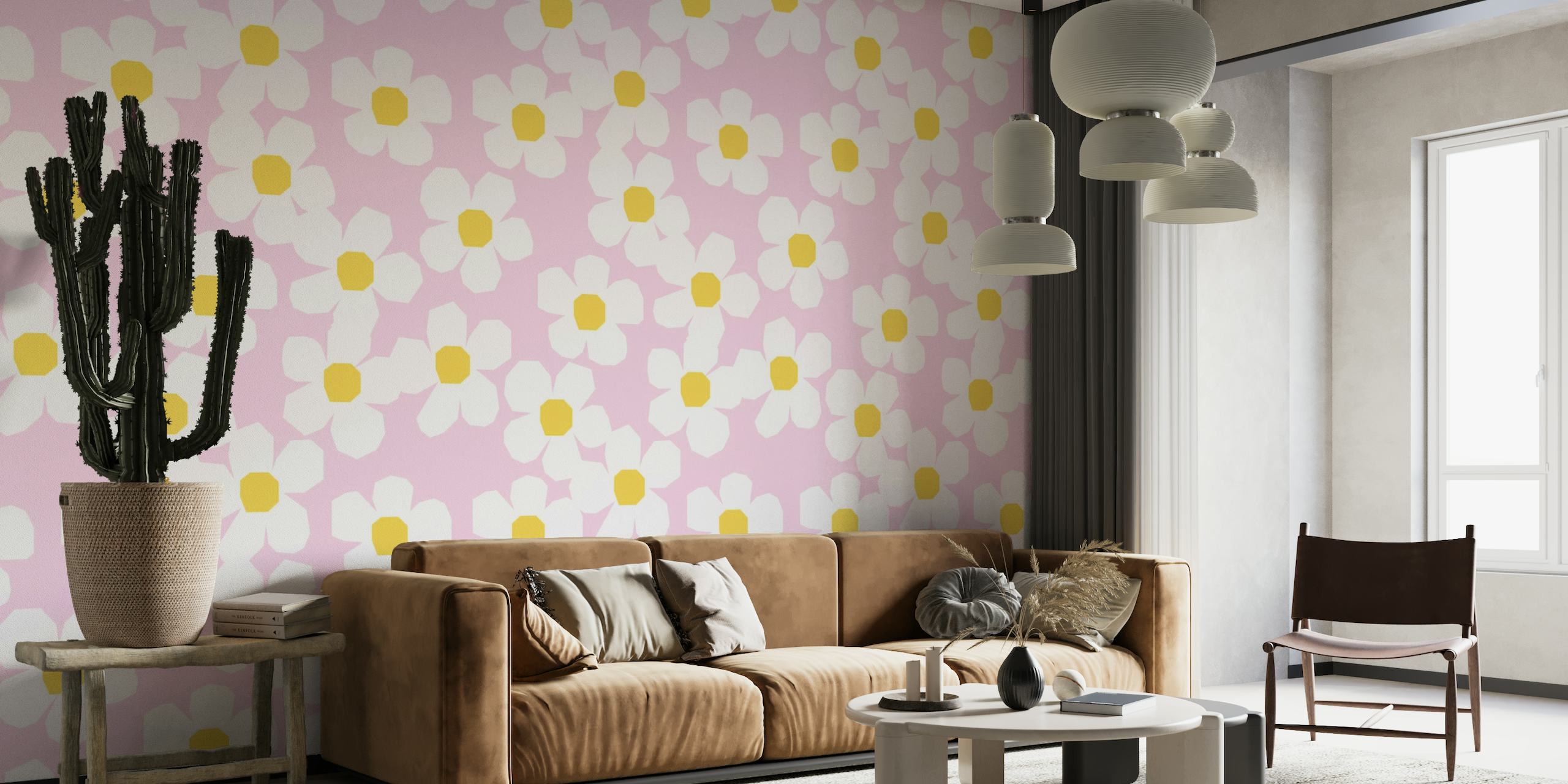 Cheerful big daisies on a pink background wall mural