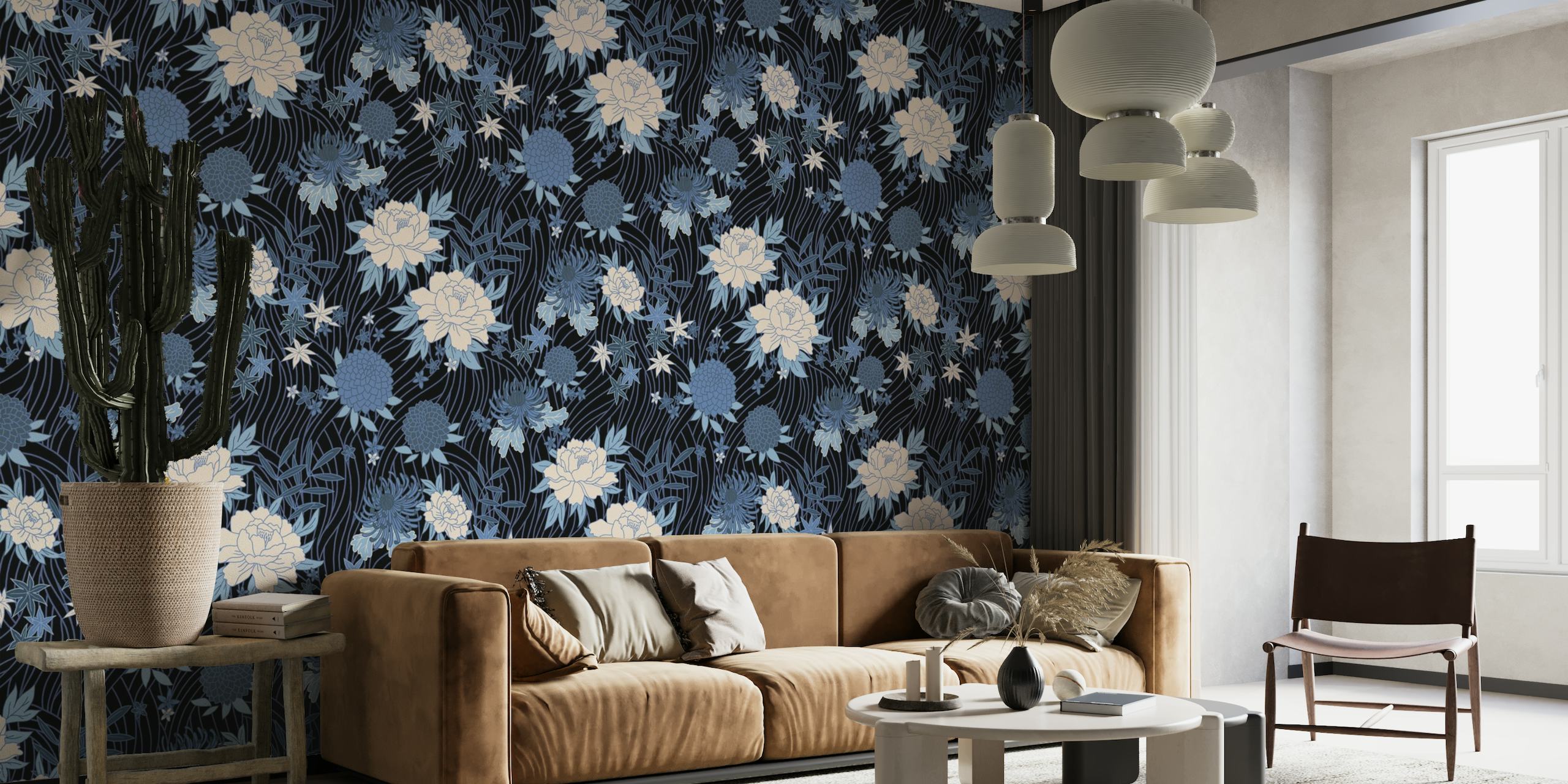Asian blooms - black & blue wallpaper