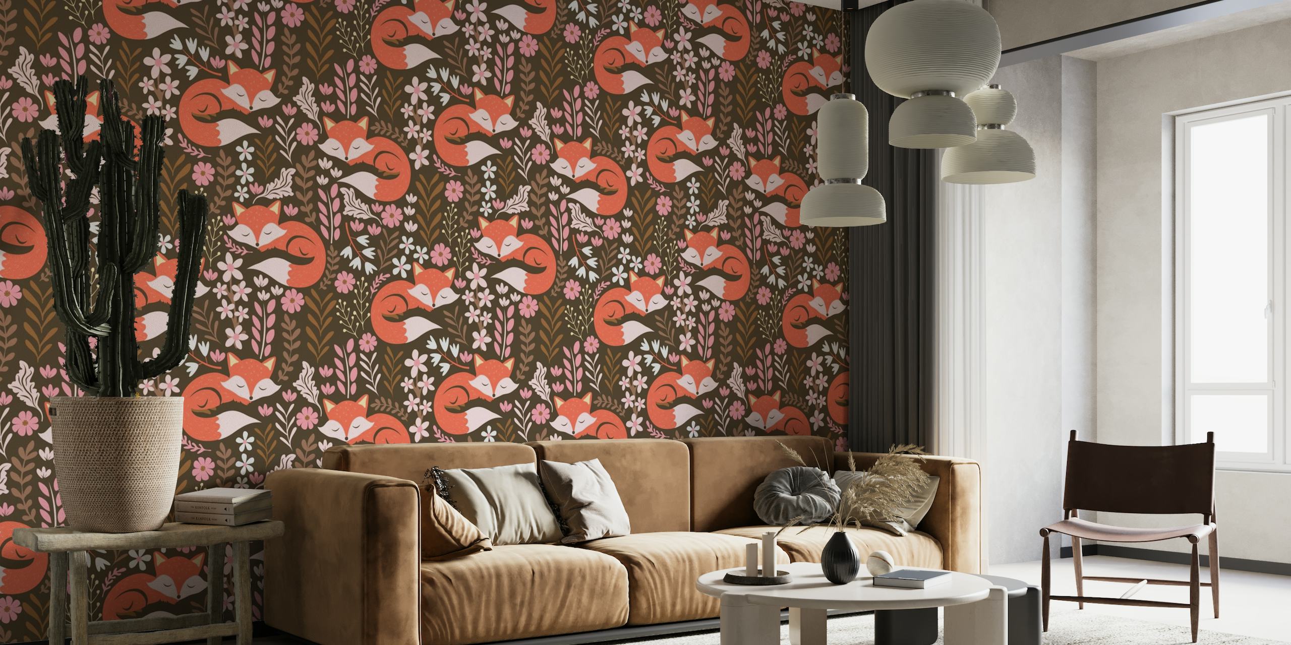 Sleepy foxes with floral background wall mural