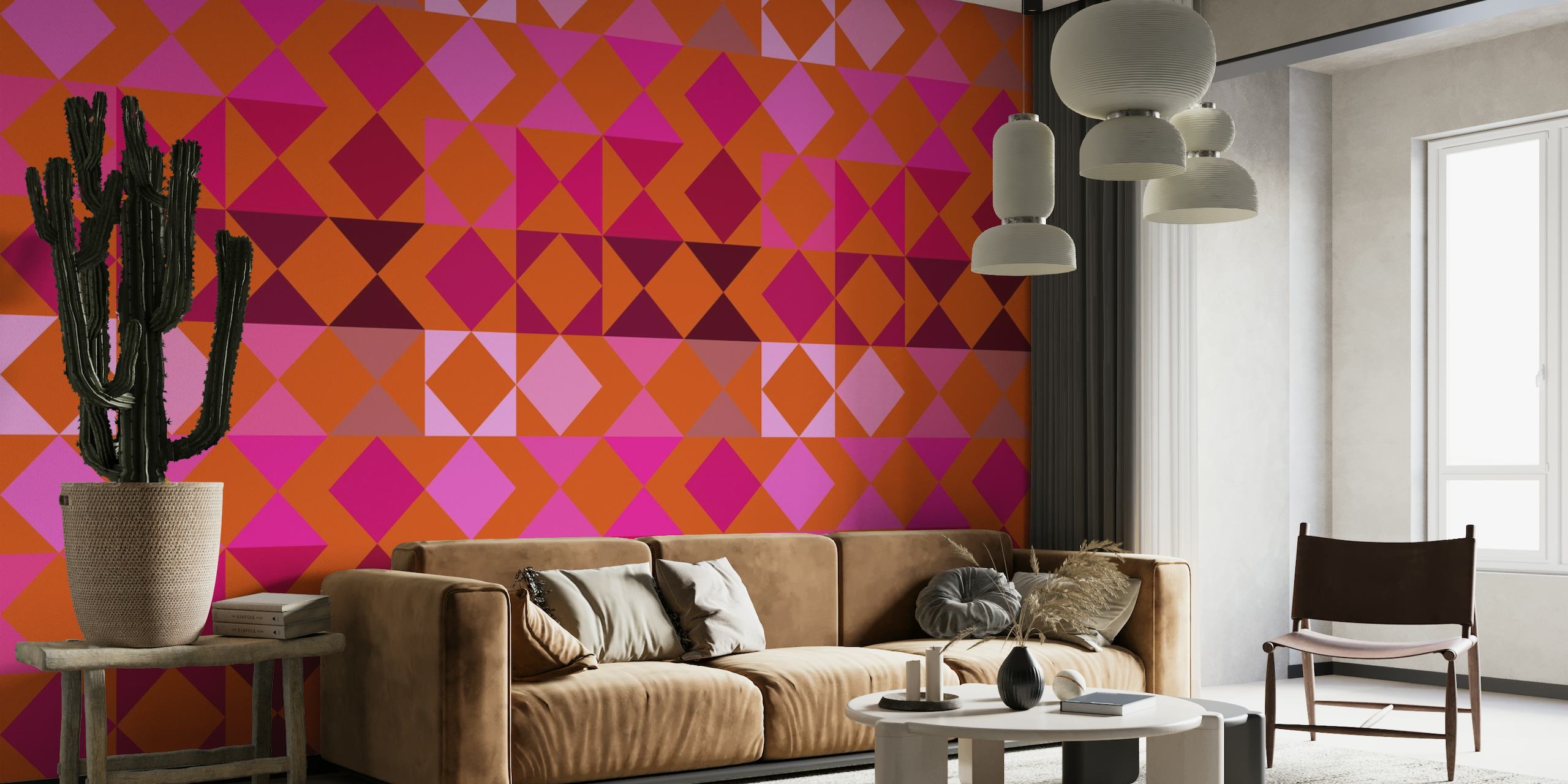 Retro Triangles And Squares Orange Pink behang