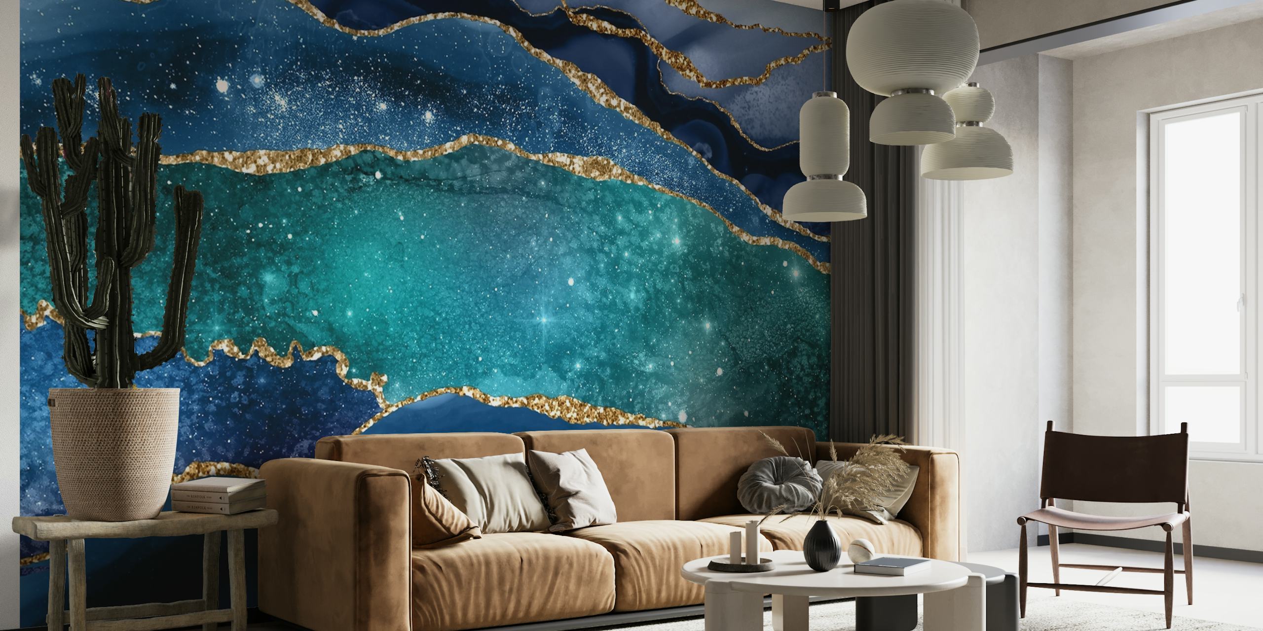 Marmeren textuur met galactisch thema en gouden aderen die lijken op een sterrenhemel