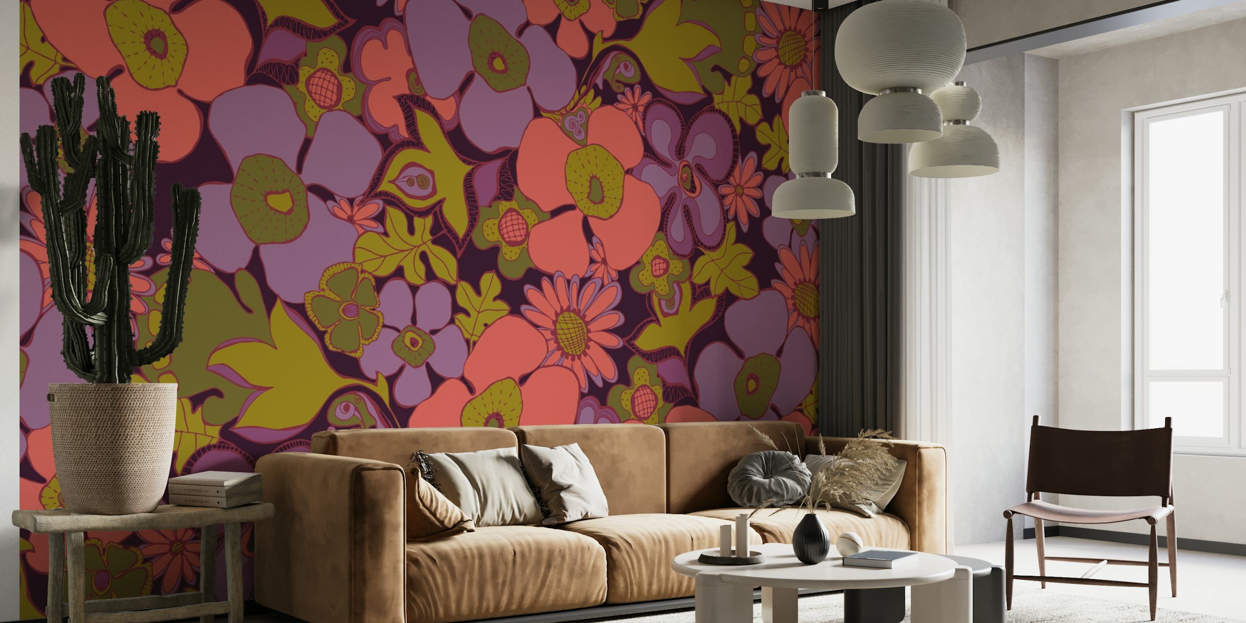 Floral Doodles -seinämaalaus oliivin ja violetin sävyissä