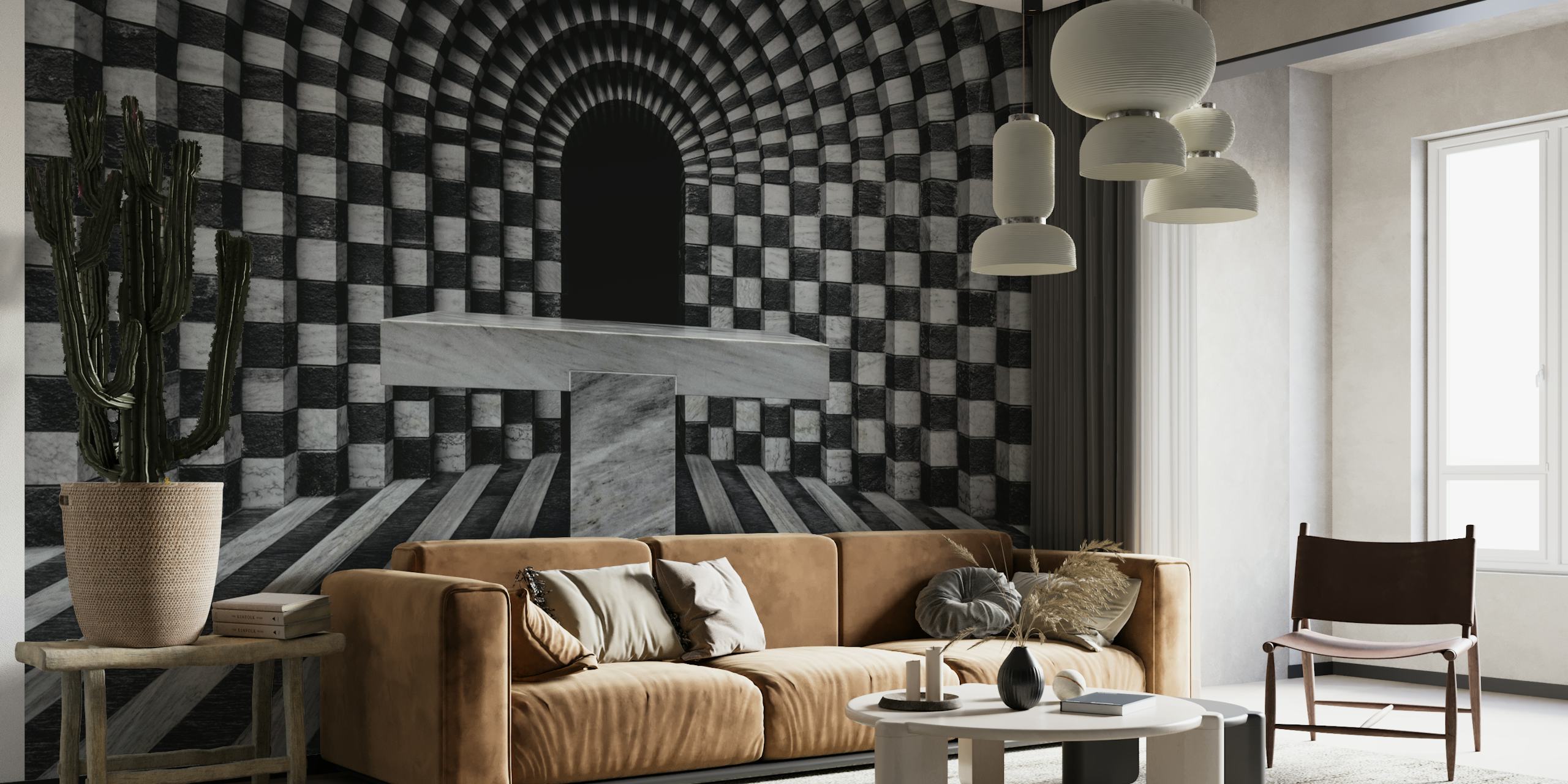 Black and white geometric squares and lines wall mural