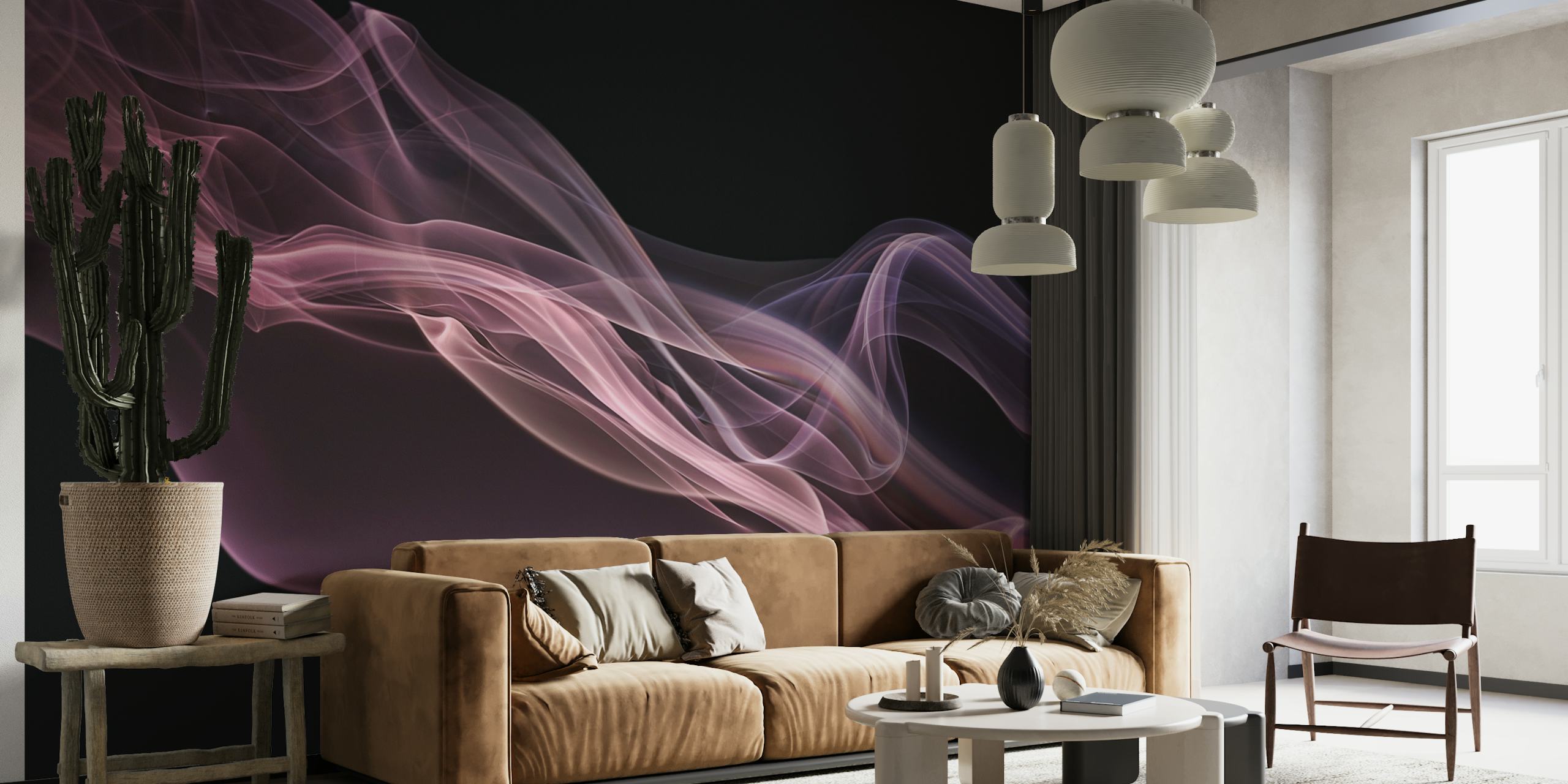 Elegant abstract wall mural with purple wisps floating on a pink background