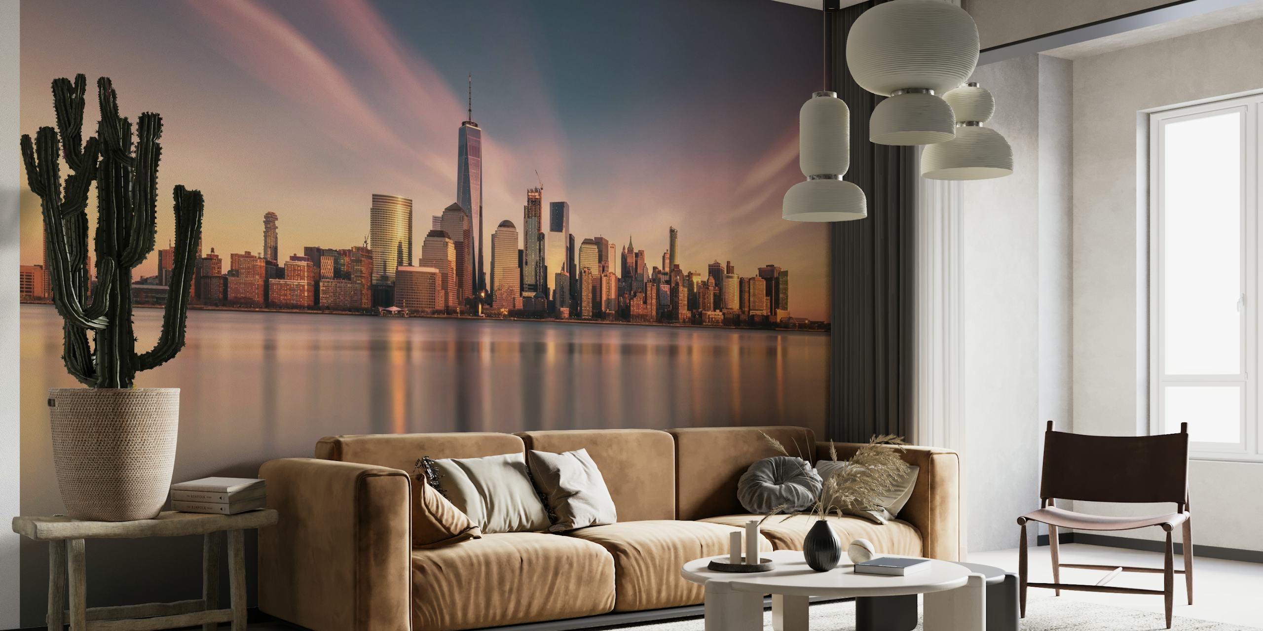 Fototapeta ze złotą panoramą Manhattanu o zmierzchu