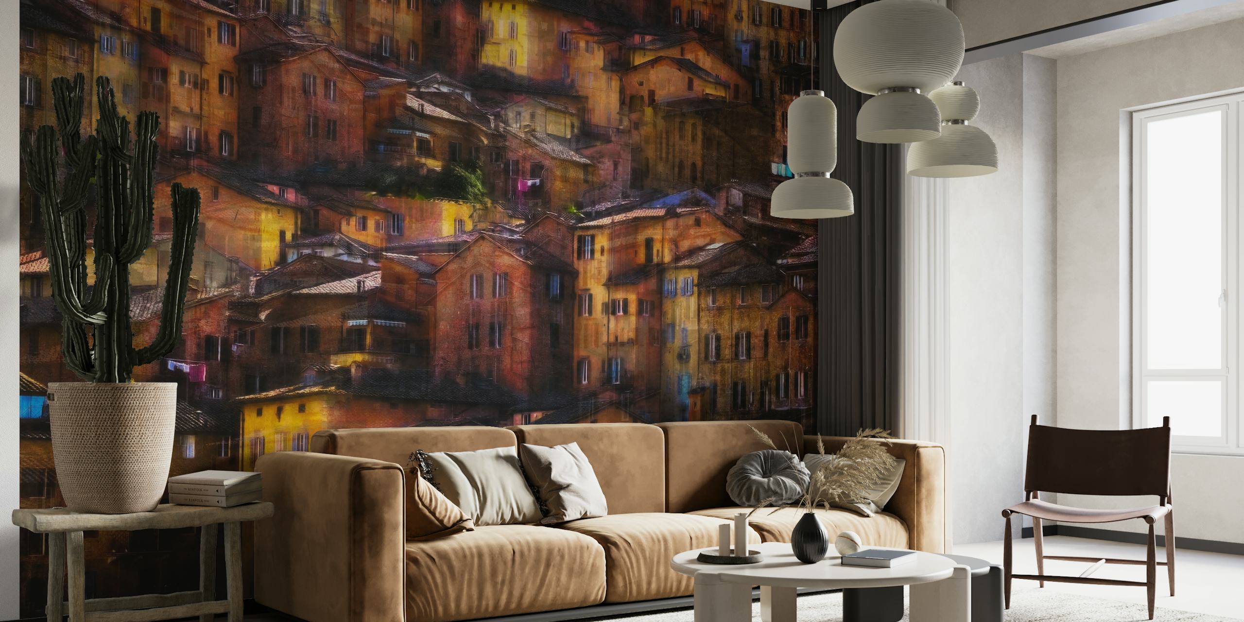 Rustic hillside village wall mural with warm tones