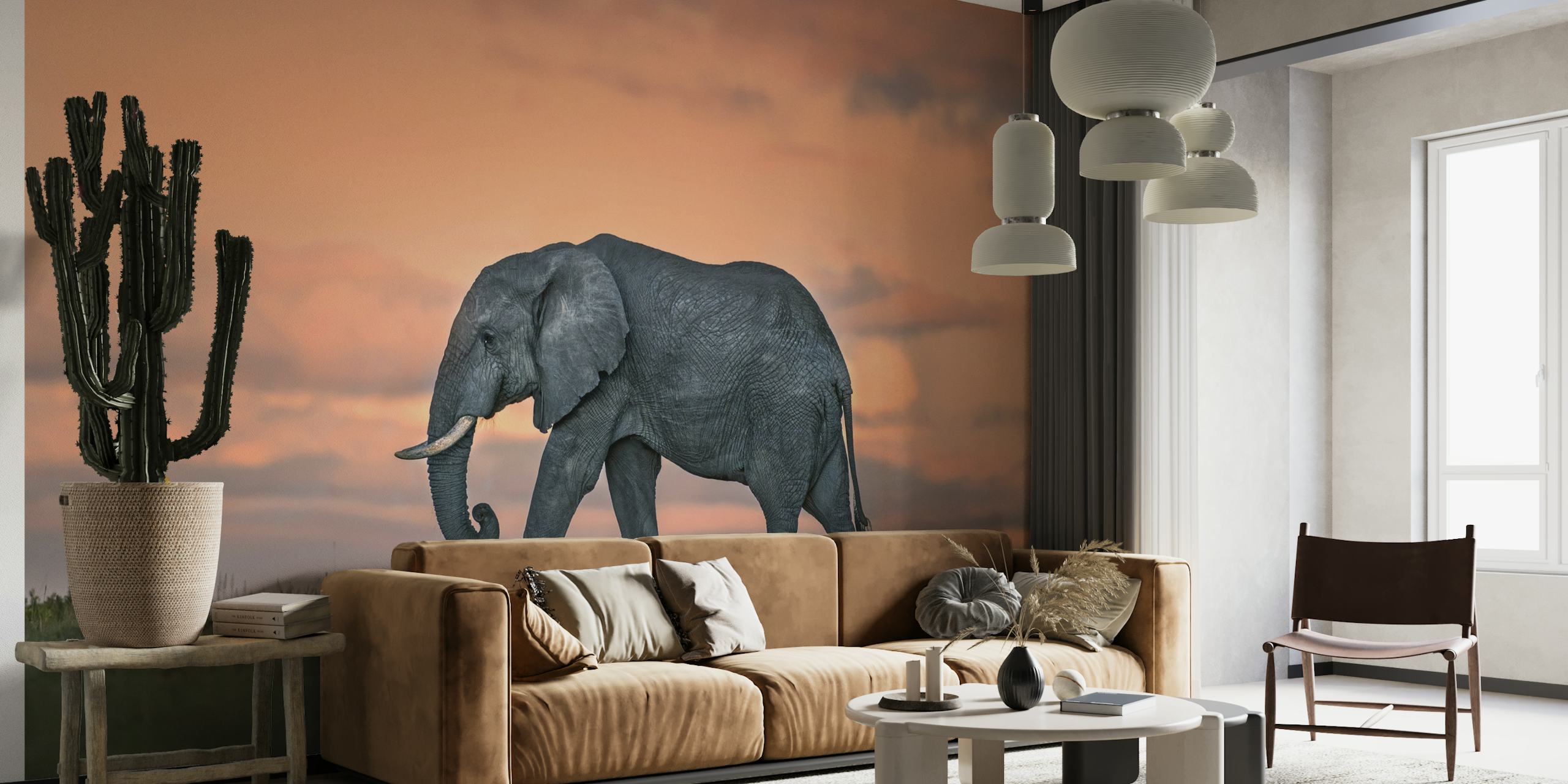 Elephant at dusk behang