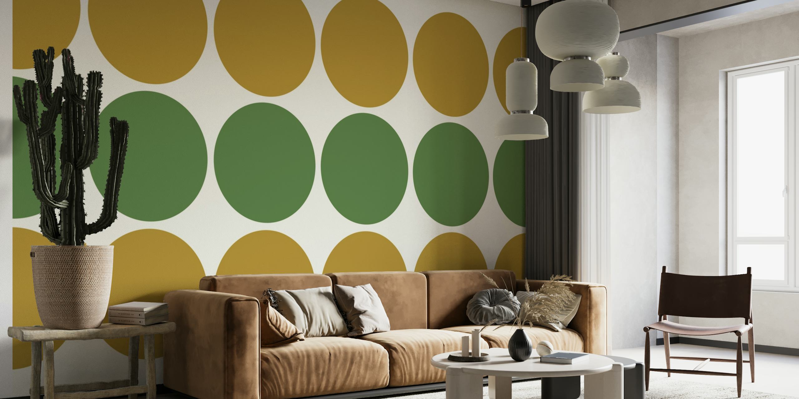 Papier peint géométrique abstrait avec des cercles verts discrets et dorés chauds dans un motif symétrique