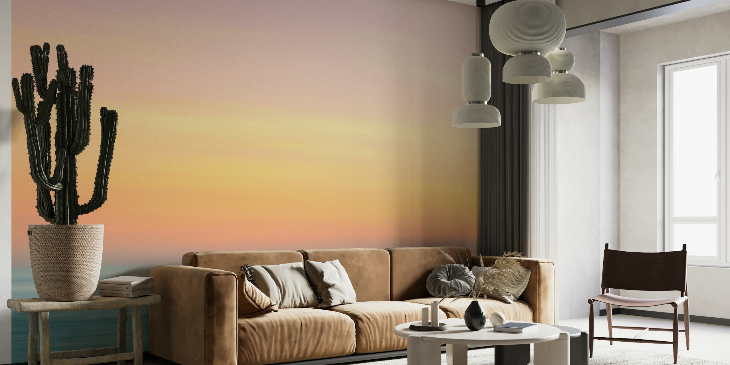Blurred sunset sky with gradient of orange and pink over a calm ocean wall mural