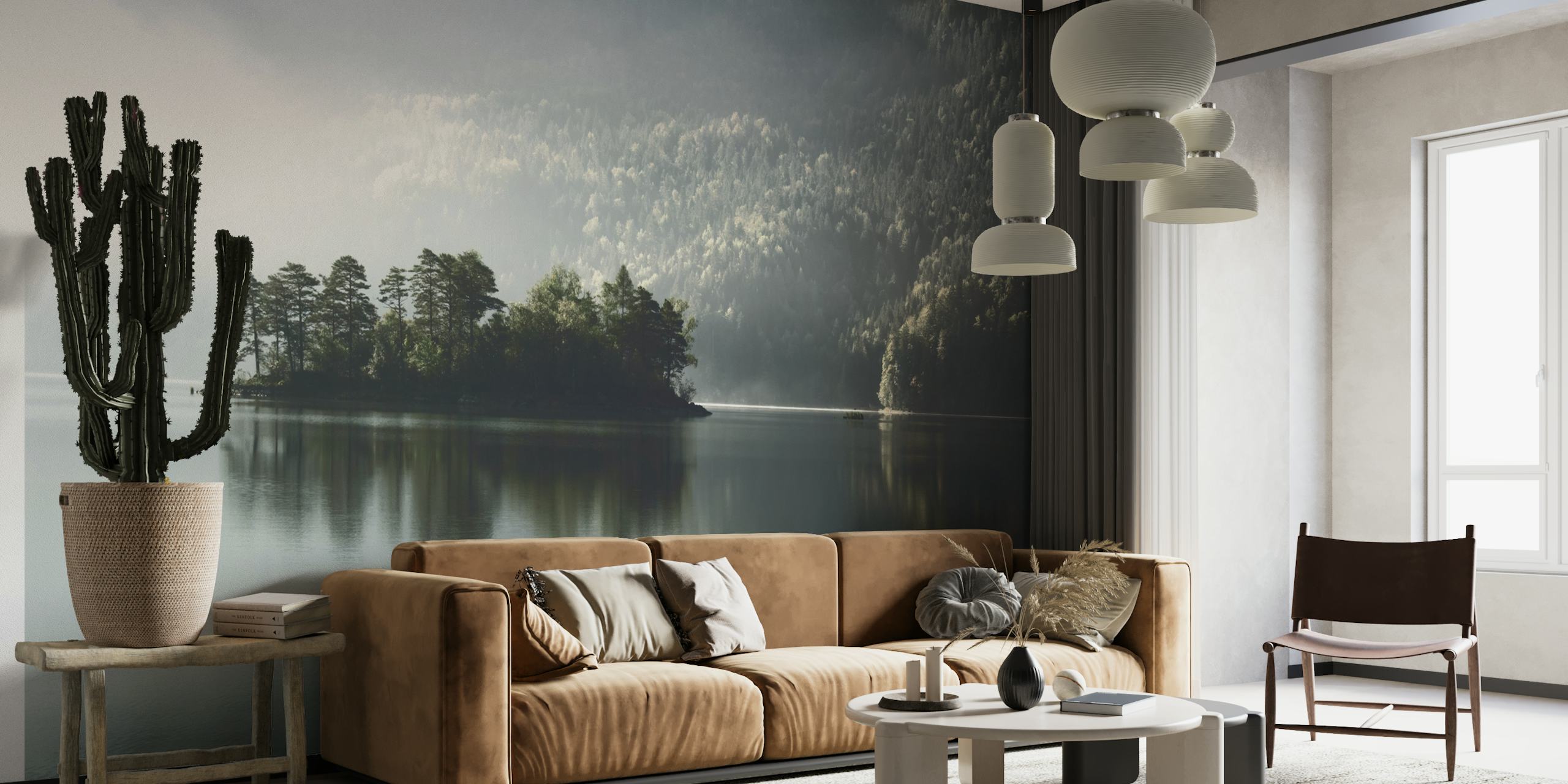 Misty lake landscape with an island wall mural