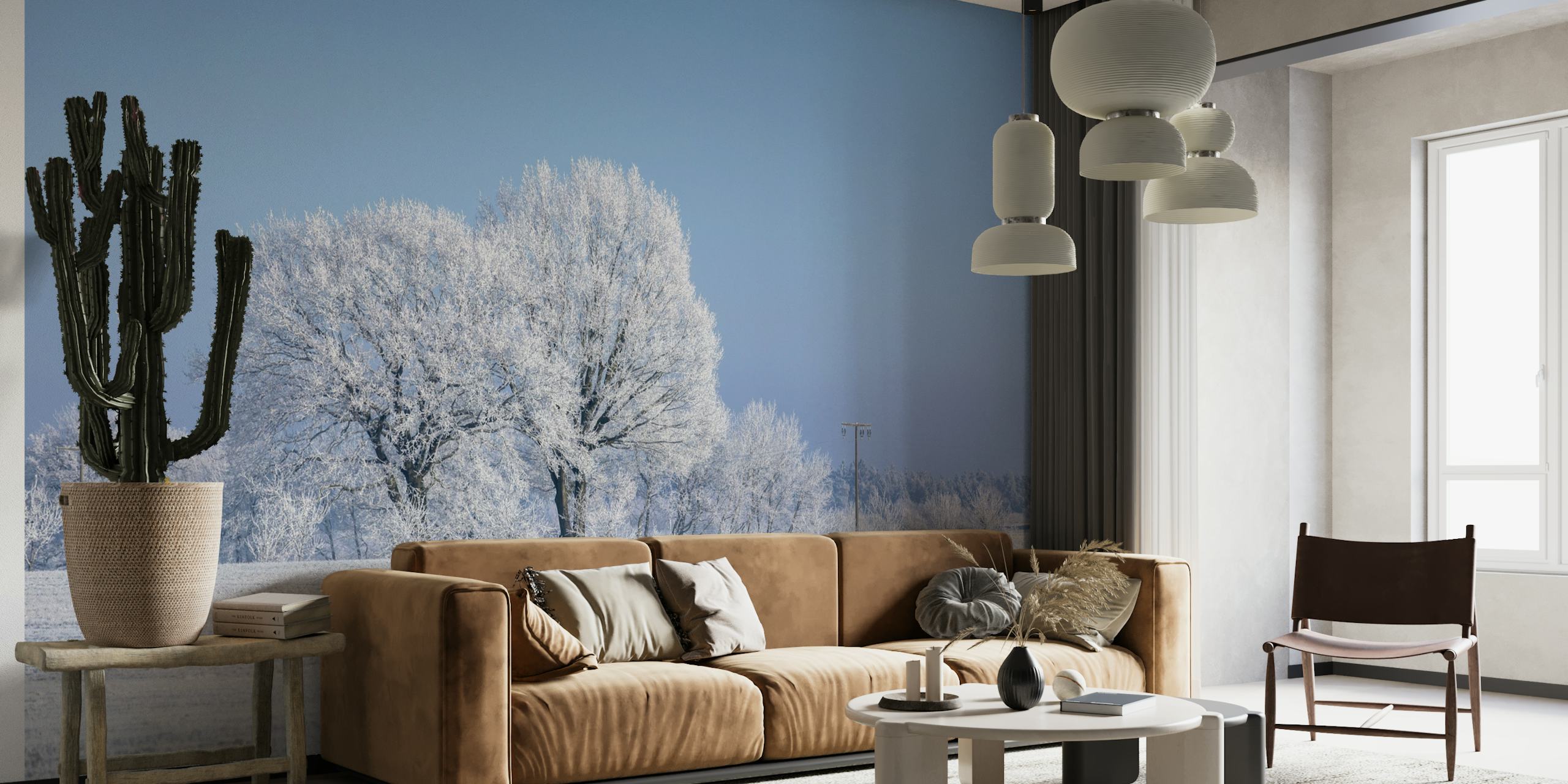 papier peint paysage d'hiver nordique avec arbres enneigés