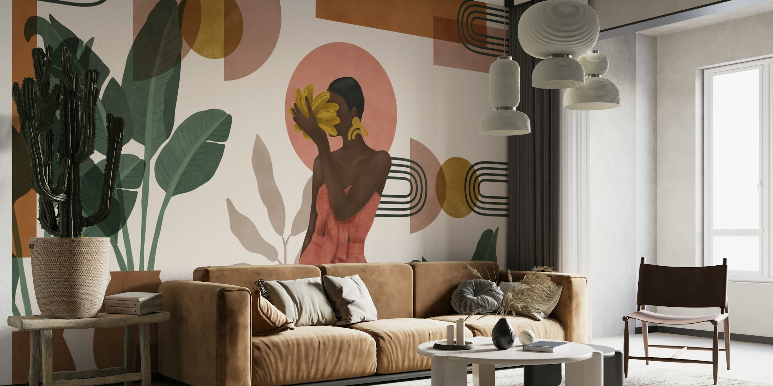Abstract botanical wall mural with stylized woman and banana plant elements in earthy tones