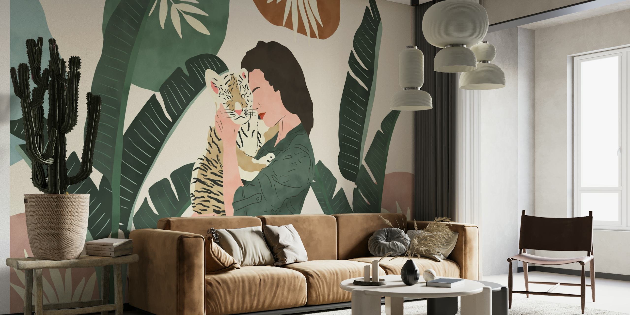Illustration einer Person, die inmitten tropischer Blätter einen Tiger umarmt, auf einem Wandgemälde