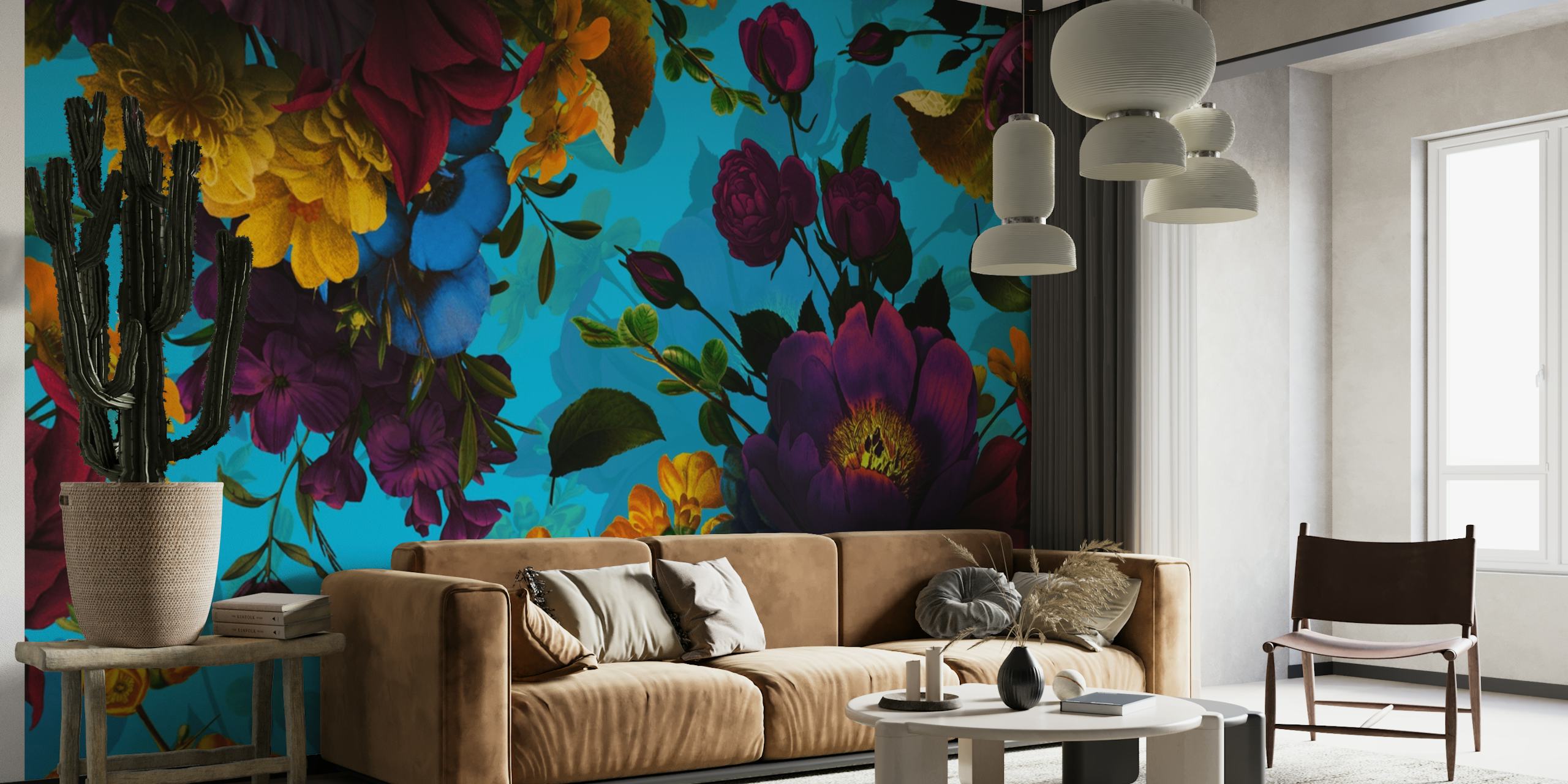 Vivid blue wall mural with bursts of colorful spring flowers in shades of yellow and red.