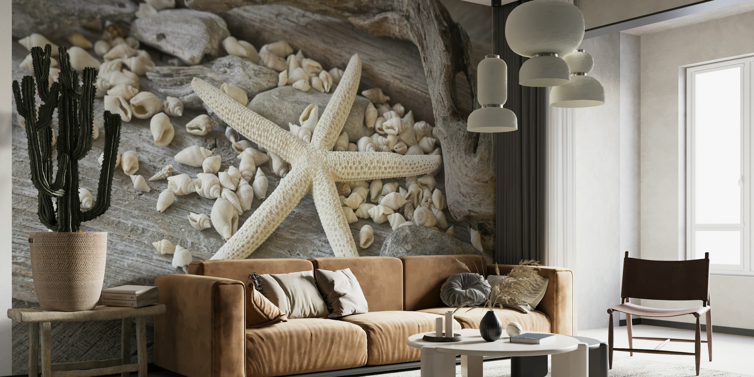 Fotomurais paisagistícos Estrela do mar e seixos em madeira flutuante