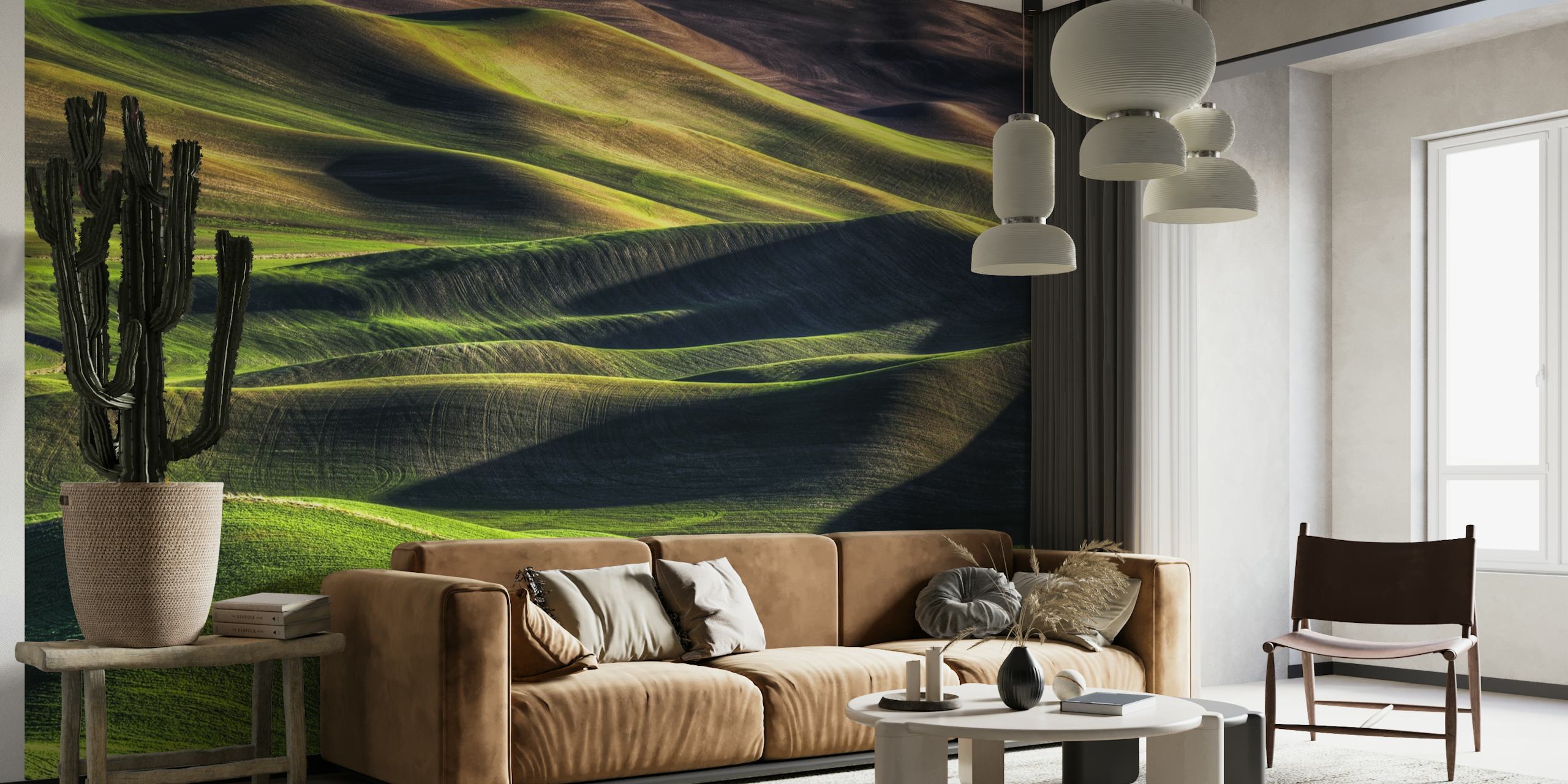 Mural de parede Spring Palette inspirado na natureza com tons verdes vibrantes e colinas suaves.