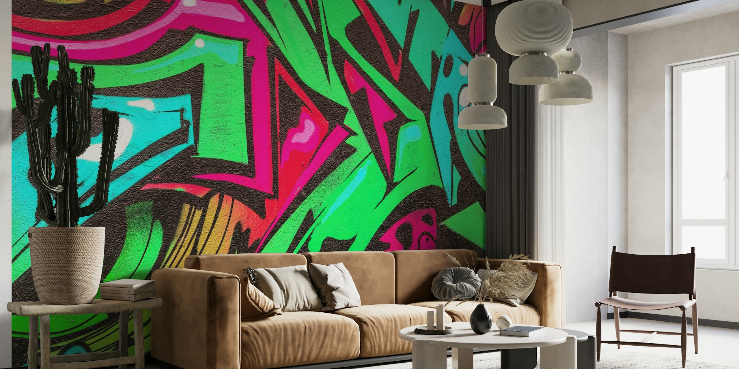 Colorful graffiti wall mural with vibrant shades of green, pink, and turquoise