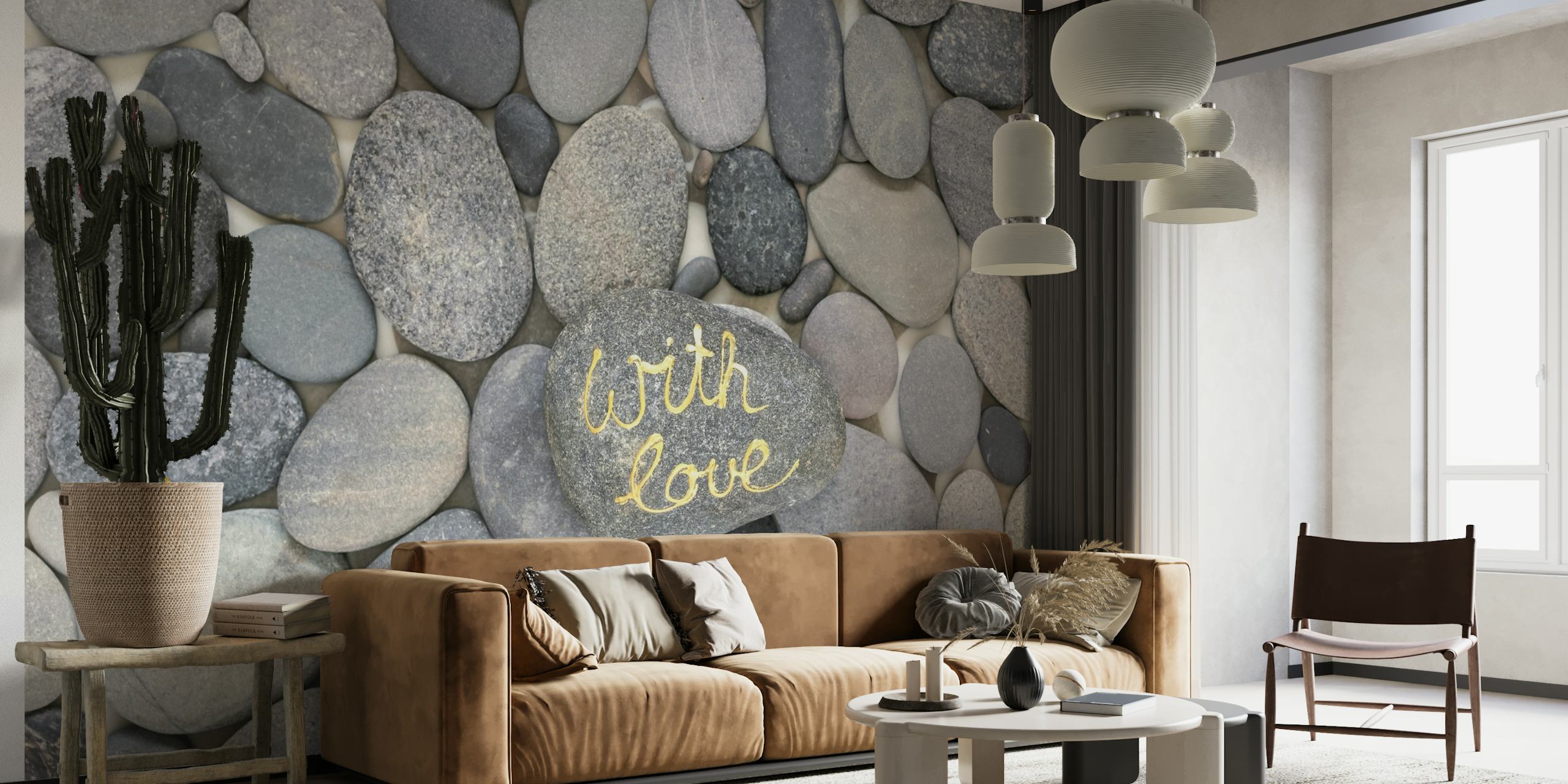 Pebble background with a gold inscription 'with love' for wall mural decor