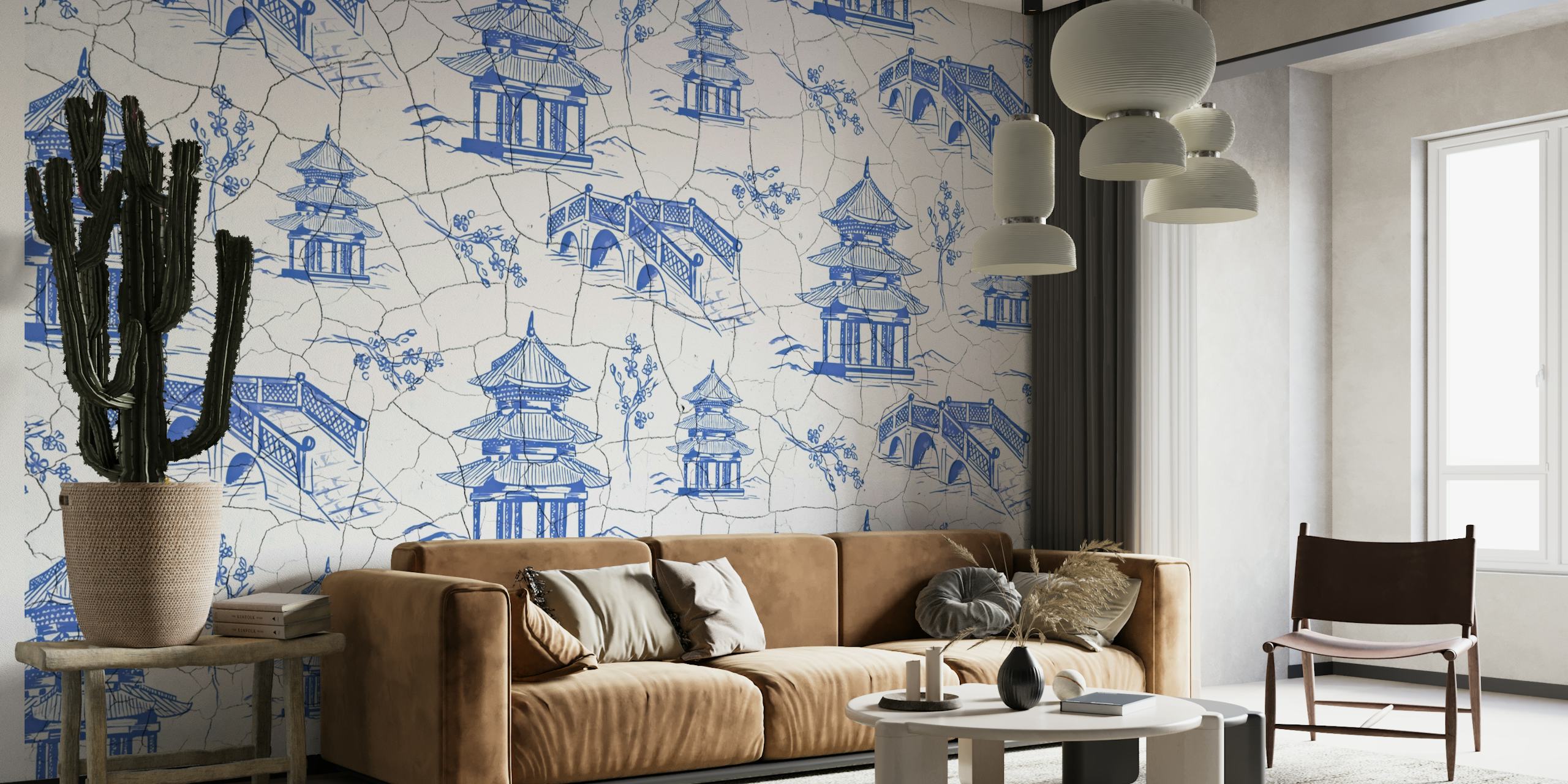 Blue and white wall mural depicting traditional Japanese architecture and nature patterns