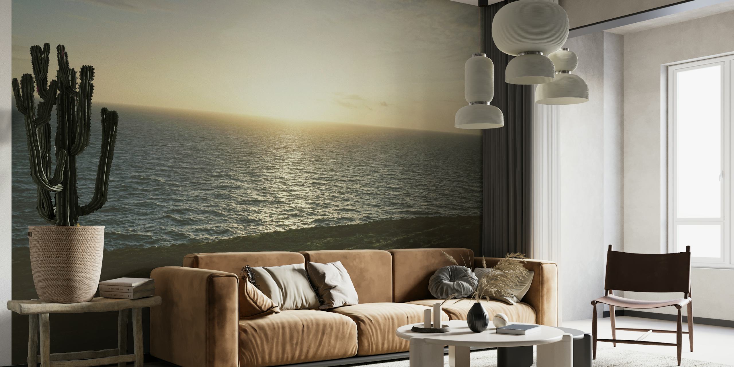 Zonsondergang boven zee fotobehang met gouden tinten en kalm water, dat rust in elke kamer brengt.