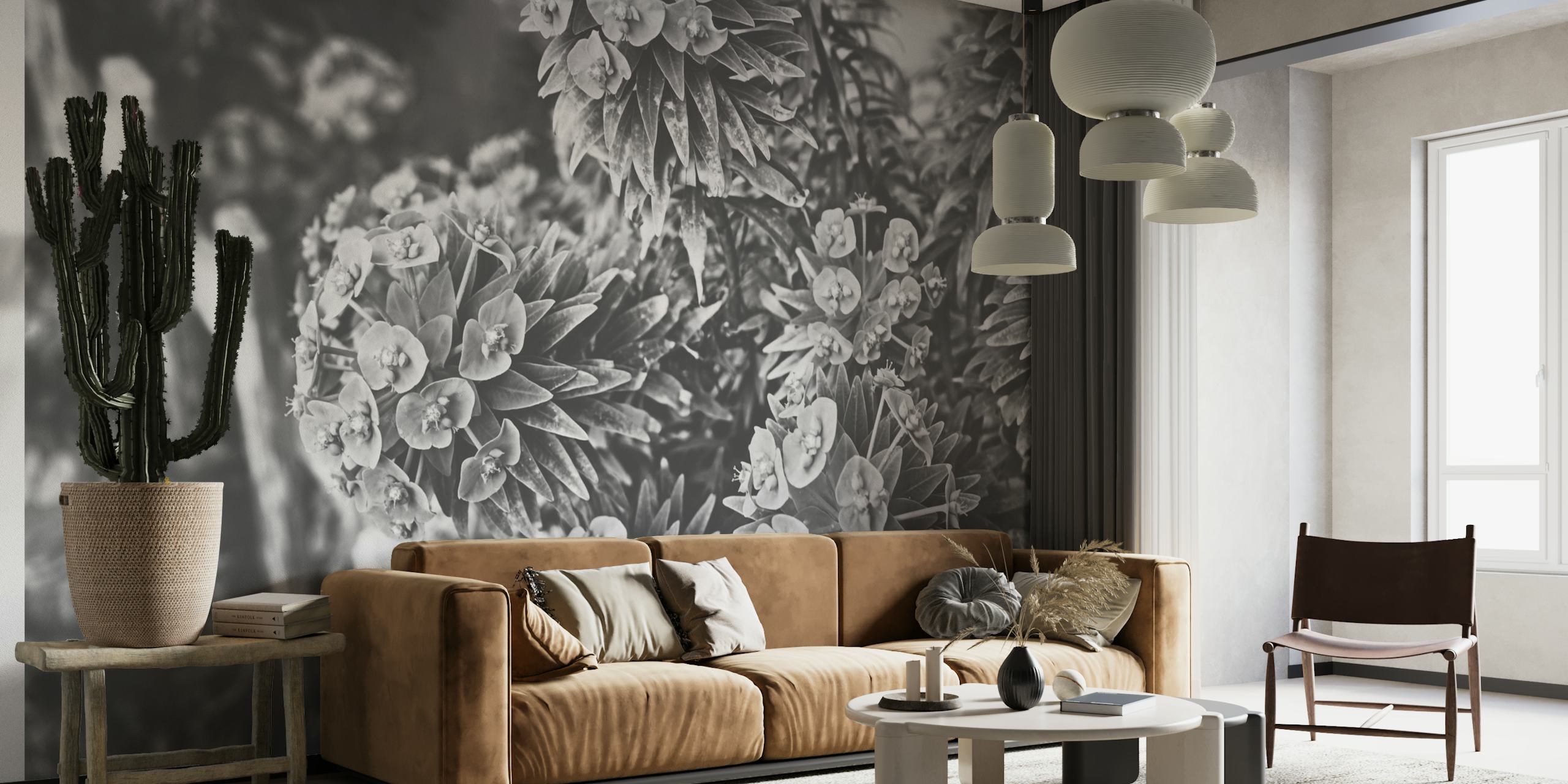 Black and white summer garden wall mural with lush floral patterns