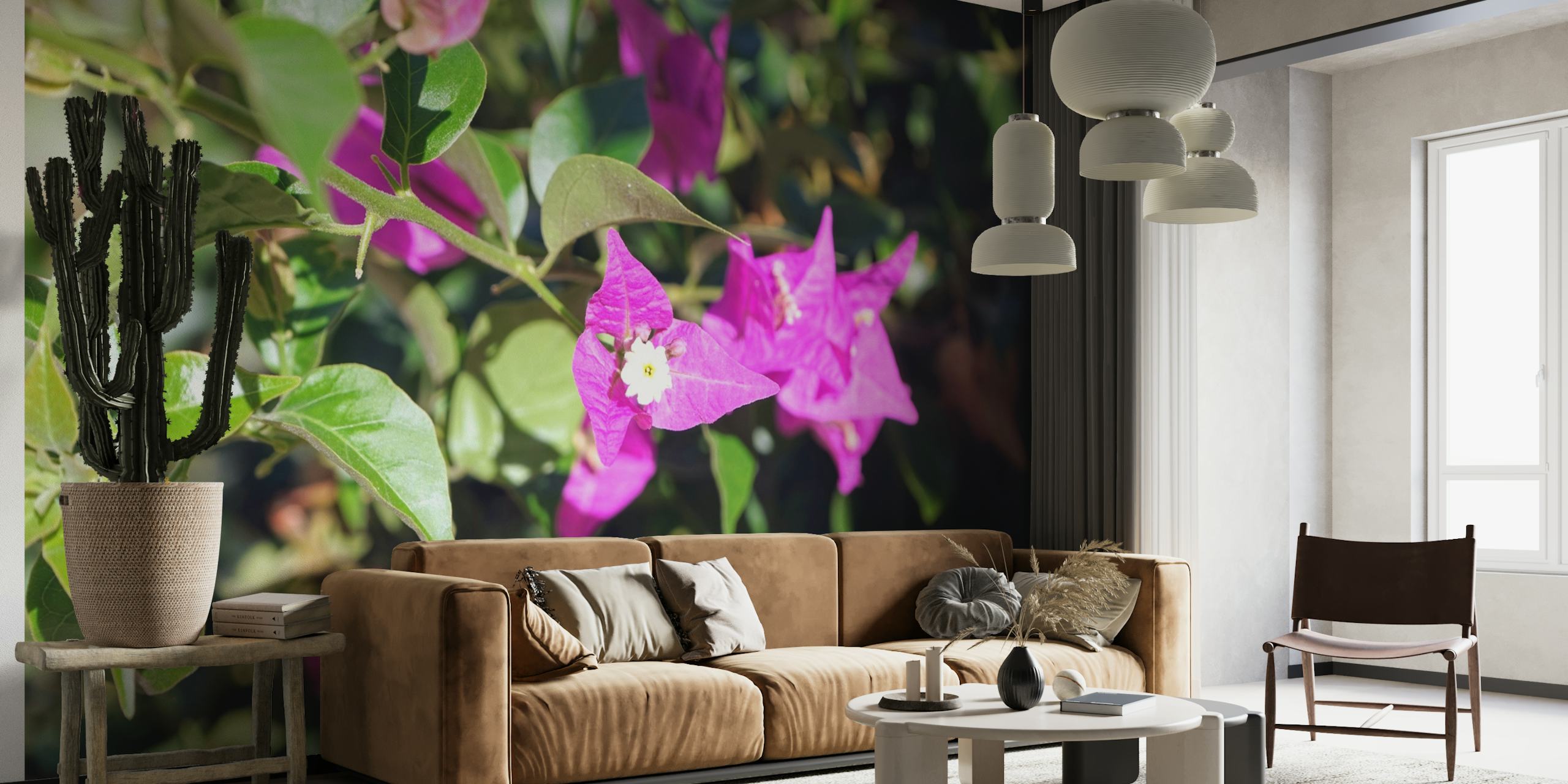 Wandbild mit Bougainvillea-Blüten in leuchtendem Rosa und Magenta vor üppigen grünen Blättern.