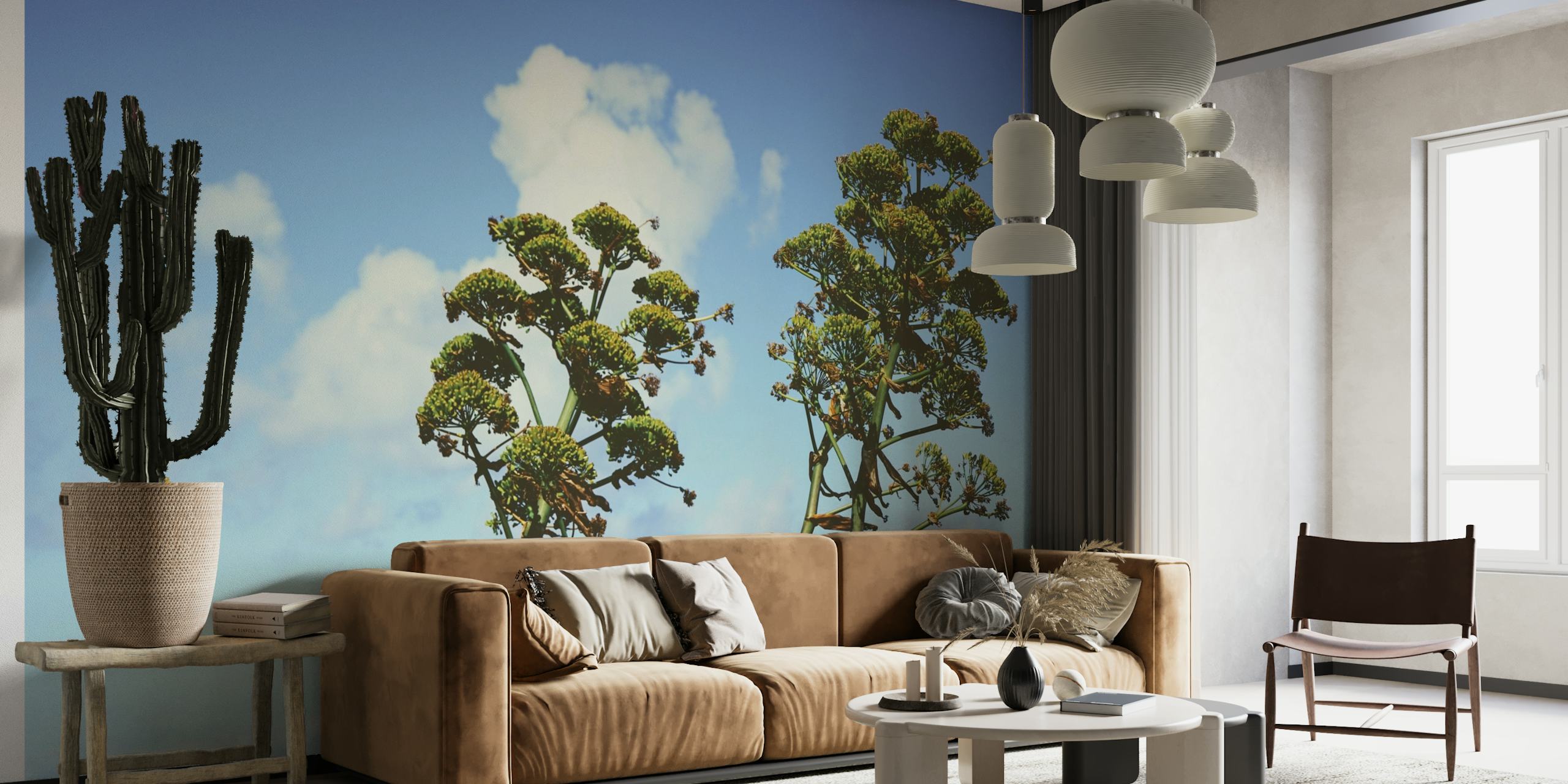 Mural botánico zen con árboles altos y follaje exuberante contra un cielo azul