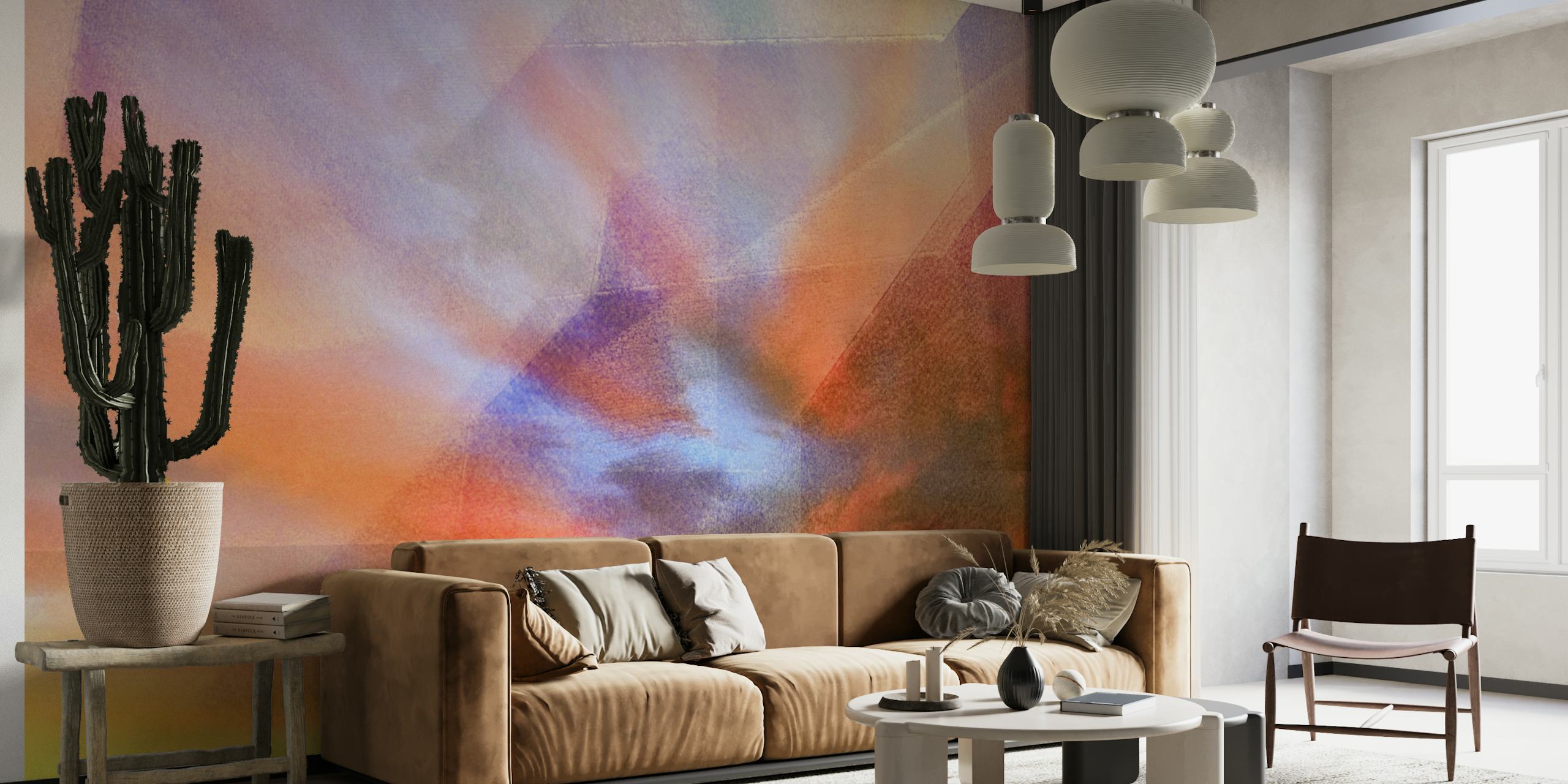 Abstrakti eteerinen Eden Clouds -seinämaalaus lämpimillä appelsiineilla, eloisilla pinkeillä ja viileillä bluesilla