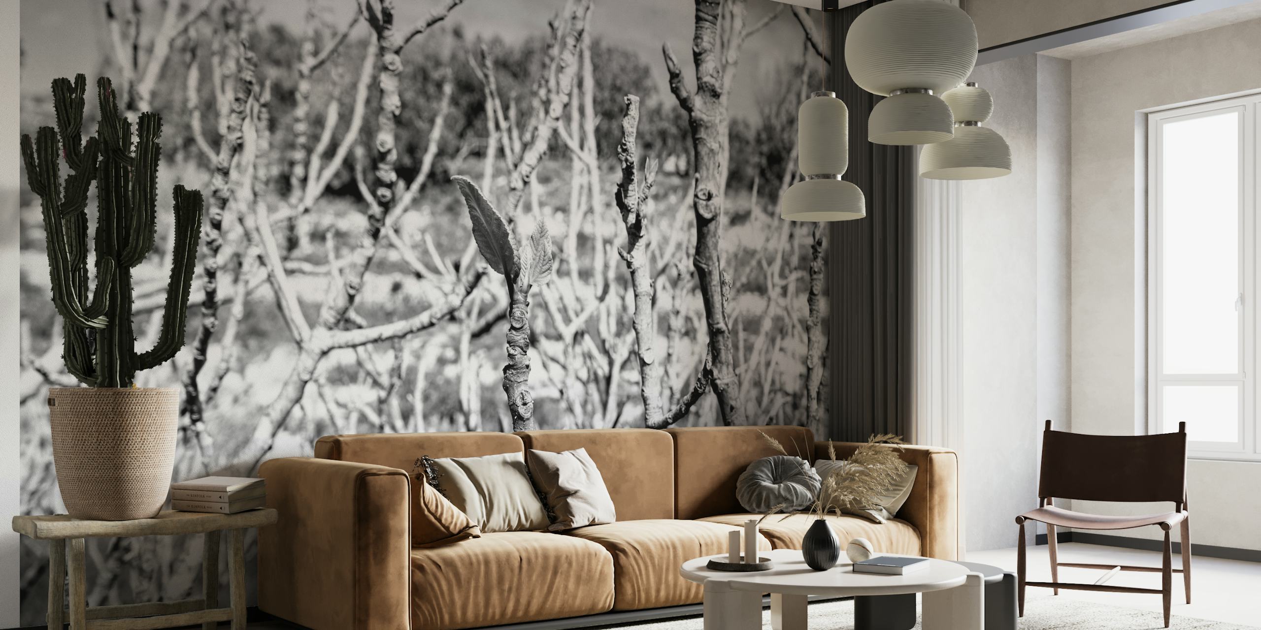 Mustavalkoinen seinämaalaus monimutkaisista puun oksista sisustukseen