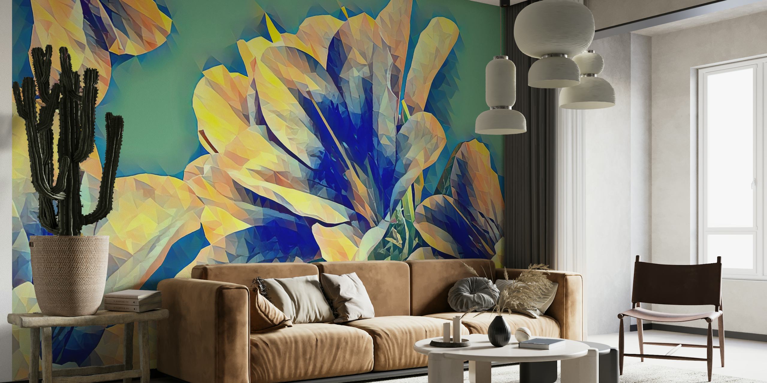 Zidna slika u obliku mozaika apstraktne cvjetnice s plavim i ljubičastim tonovima